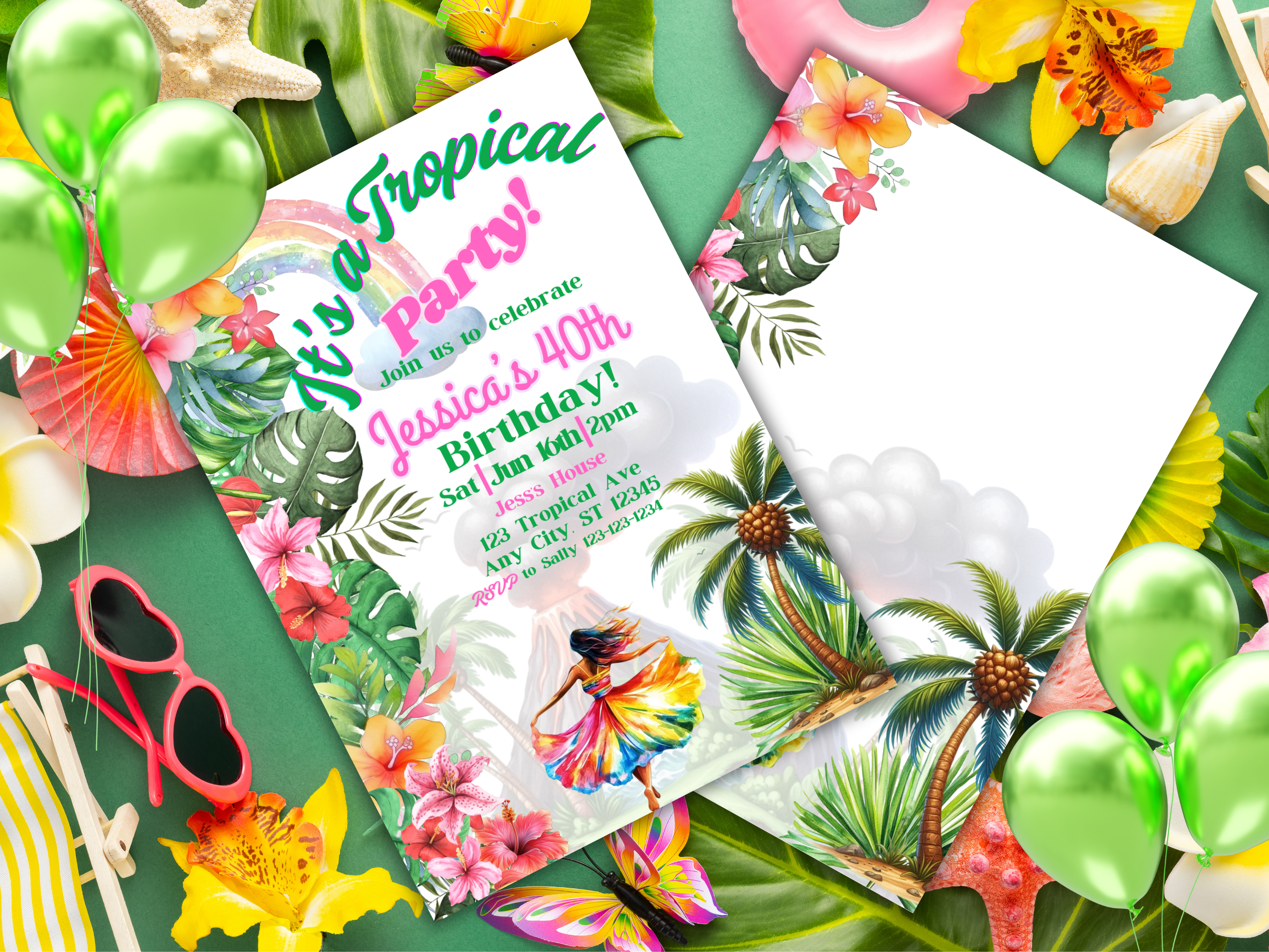 Tropical Birthday Party Invitation Colorful Luau Invite Palm Leaves Summer Beach Theme Editable TemplateTB1