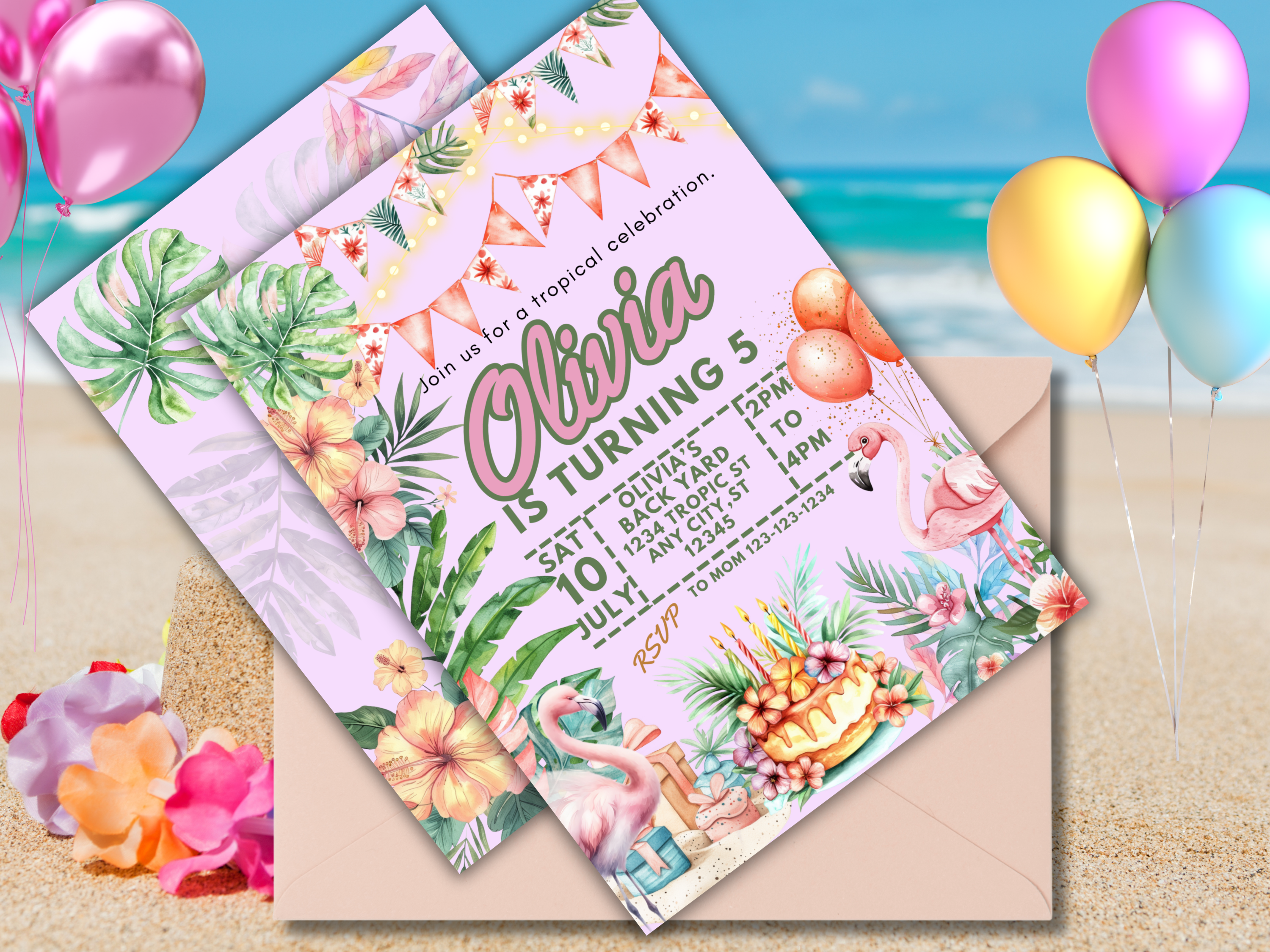 Tropical Birthday Party Invitation Colorful Luau Invite Palm Leaves Summer Beach Theme Editable TemplateTB1