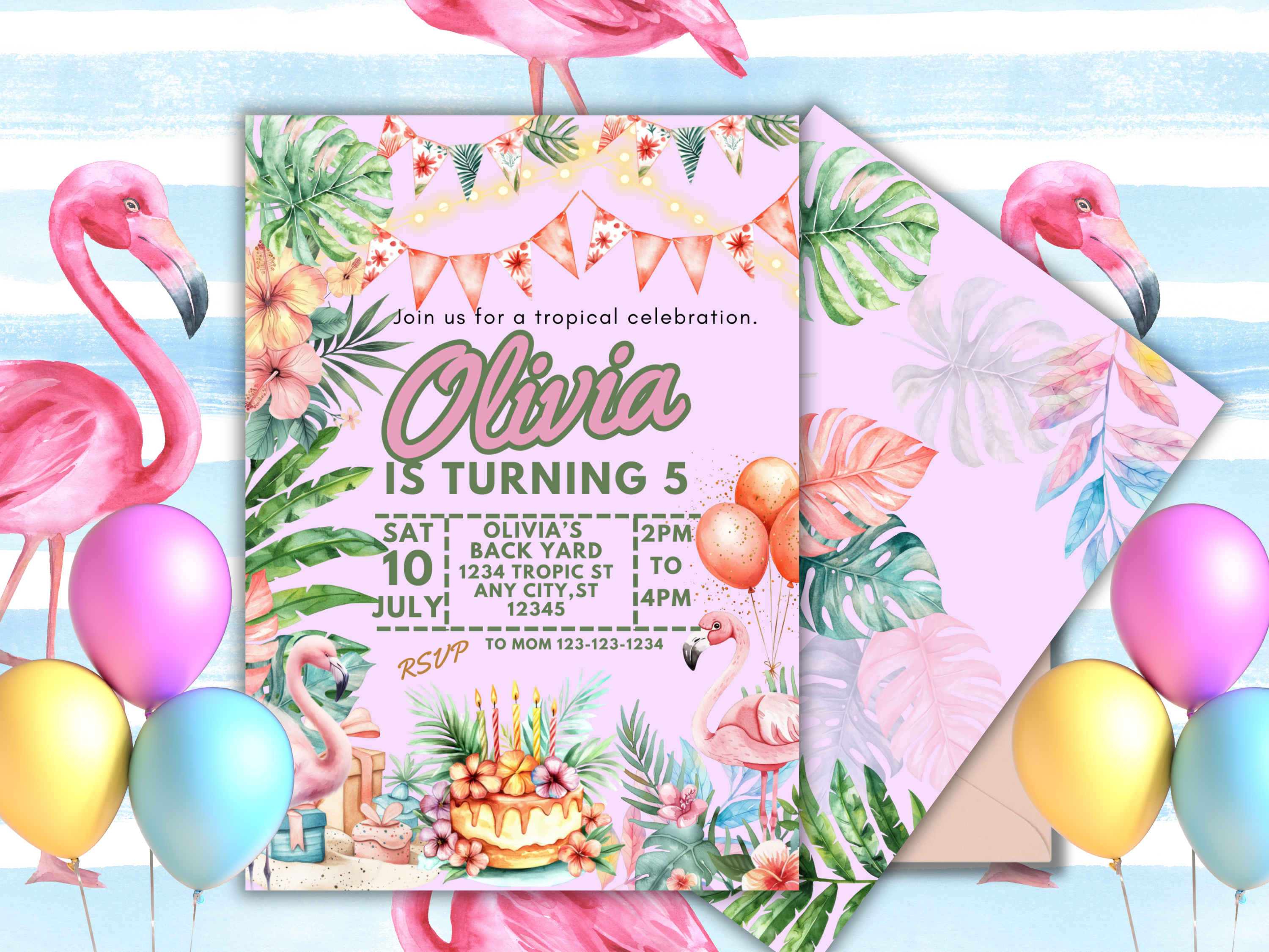 Tropical Birthday Party Invitation Colorful Luau Invite Palm Leaves Summer Beach Theme Editable TemplateTB1