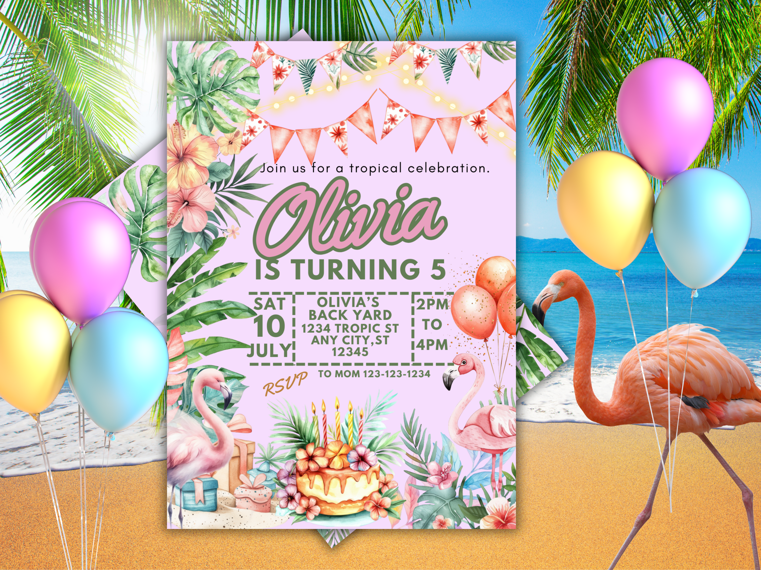 Tropical Birthday Party Invitation Colorful Luau Invite Palm Leaves Summer Beach Theme Editable TemplateTB1