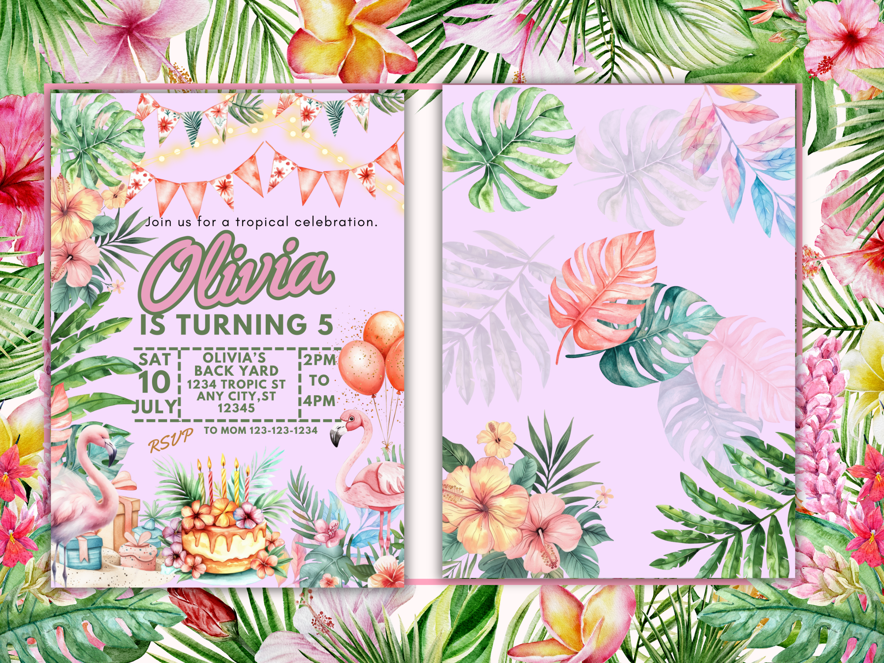 Tropical Birthday Party Invitation Colorful Luau Invite Palm Leaves Summer Beach Theme Editable TemplateTB1