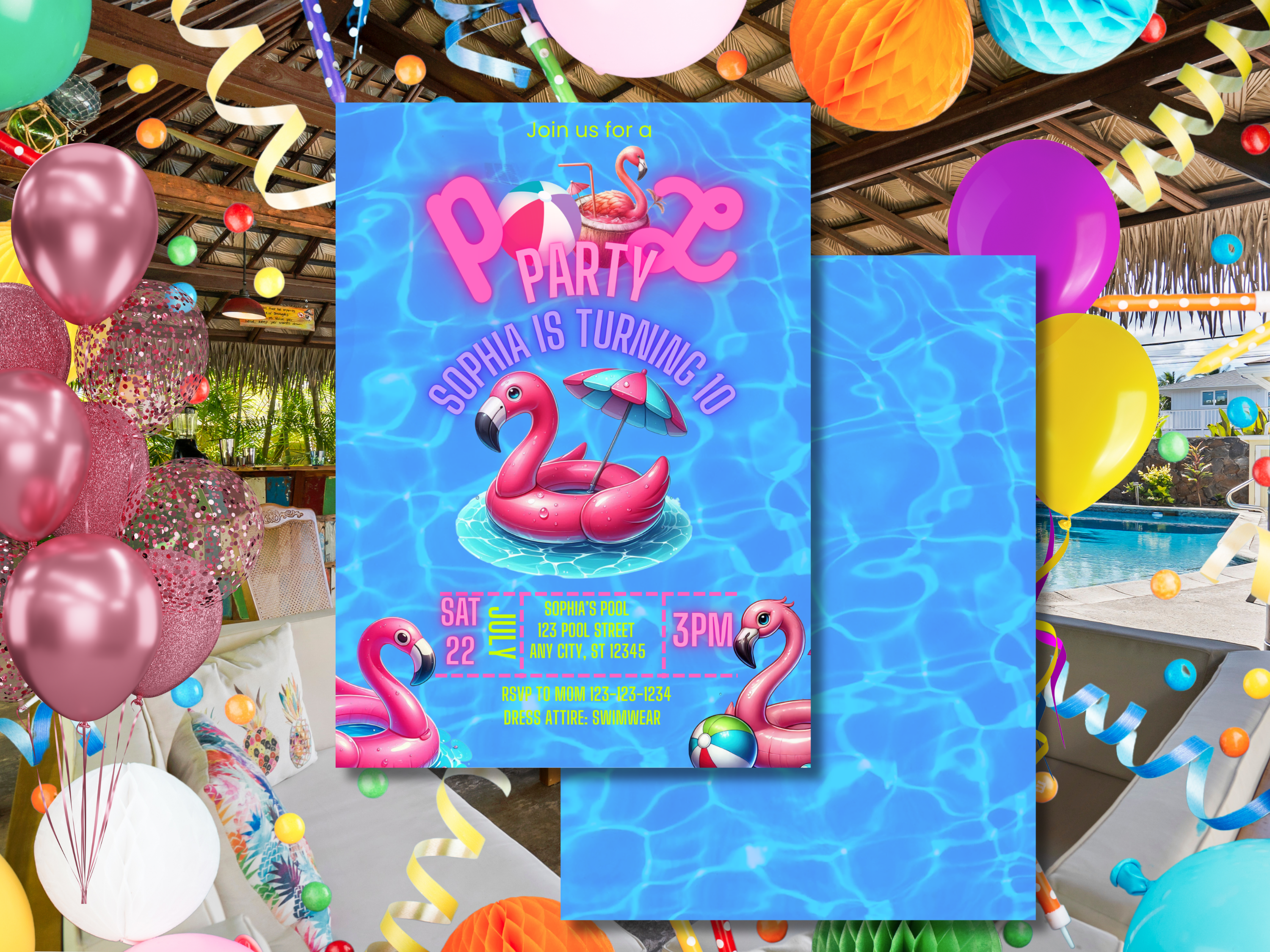 Pool Flamingo Floaty Birthday Party Invitation Digital Download with Front & Back Design Summer Beach Theme TB6