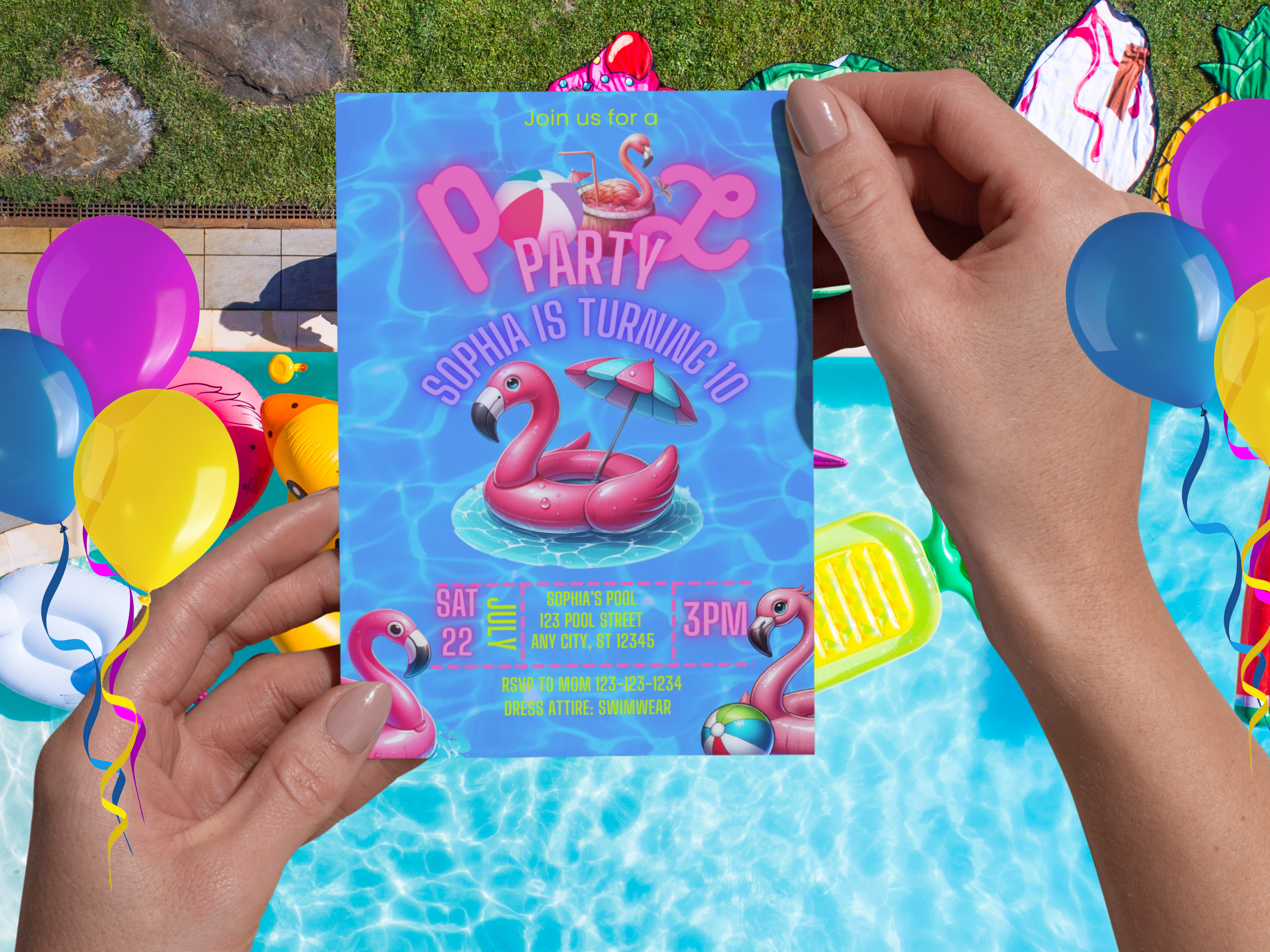 Pool Flamingo Floaty Birthday Party Invitation Digital Download with Front & Back Design Summer Beach Theme TB6