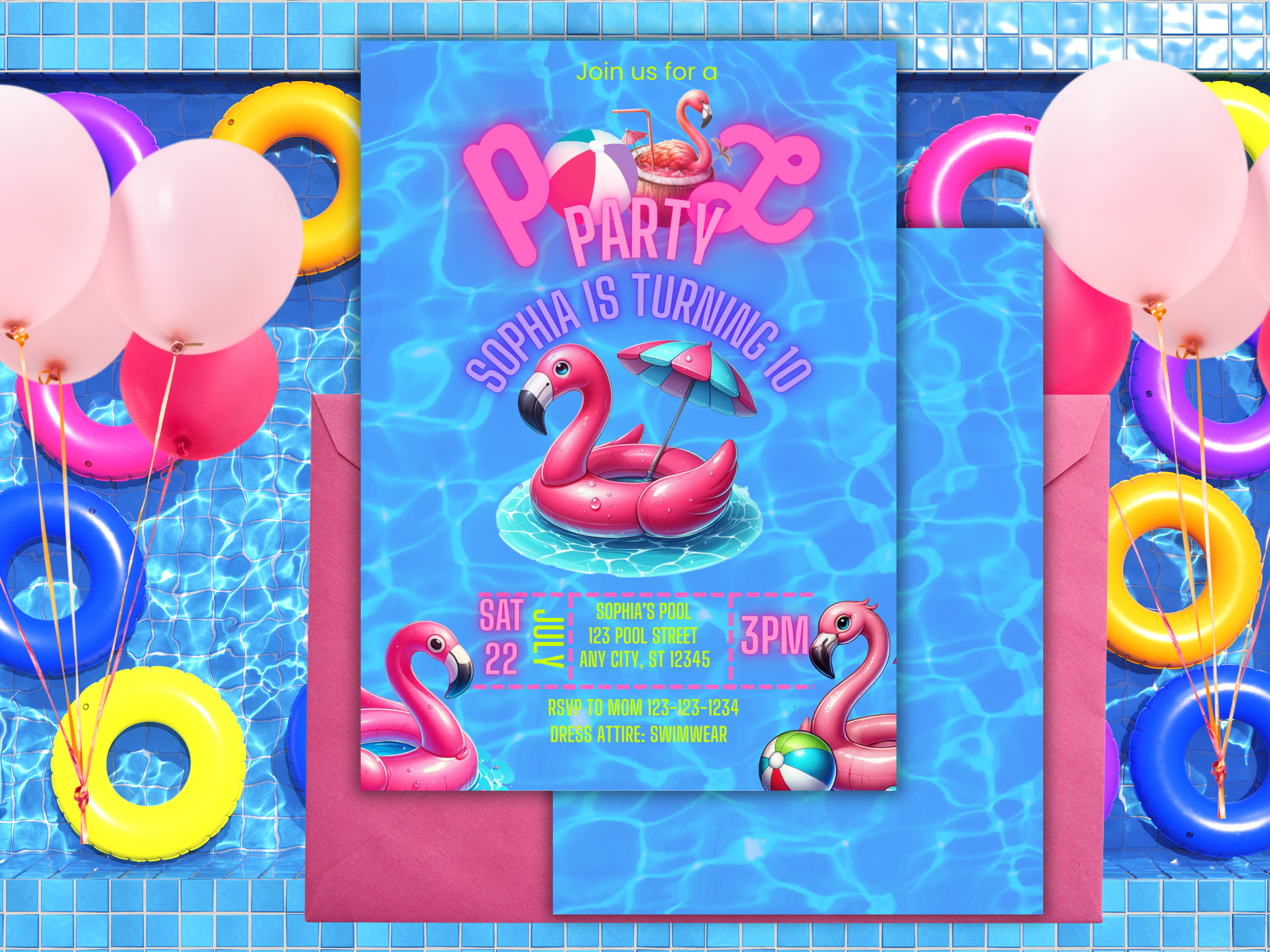 Pool Flamingo Floaty Birthday Party Invitation Digital Download with Front & Back Design Summer Beach Theme TB6