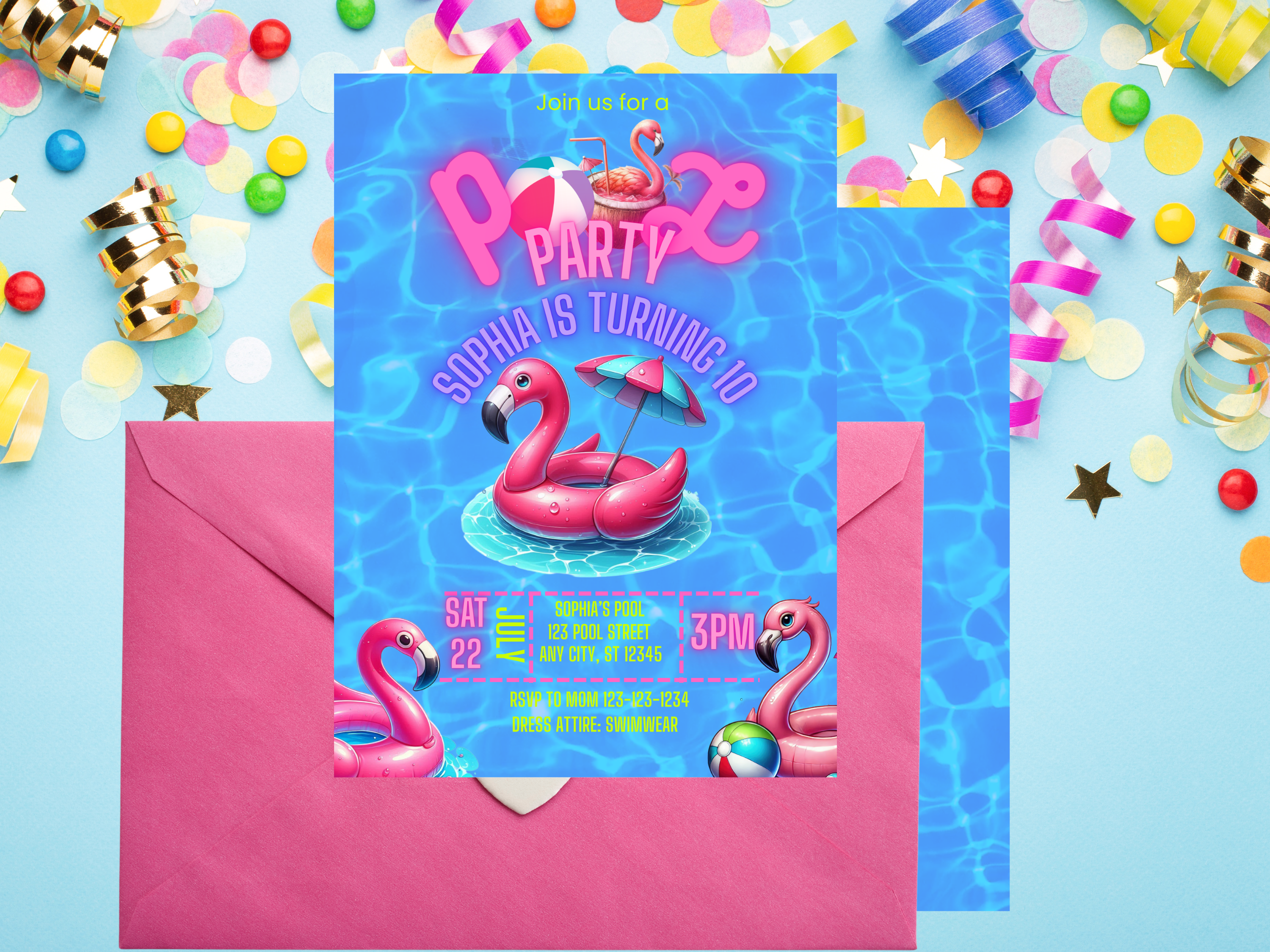 Pool Flamingo Floaty Birthday Party Invitation Digital Download with Front & Back Design Summer Beach Theme TB6