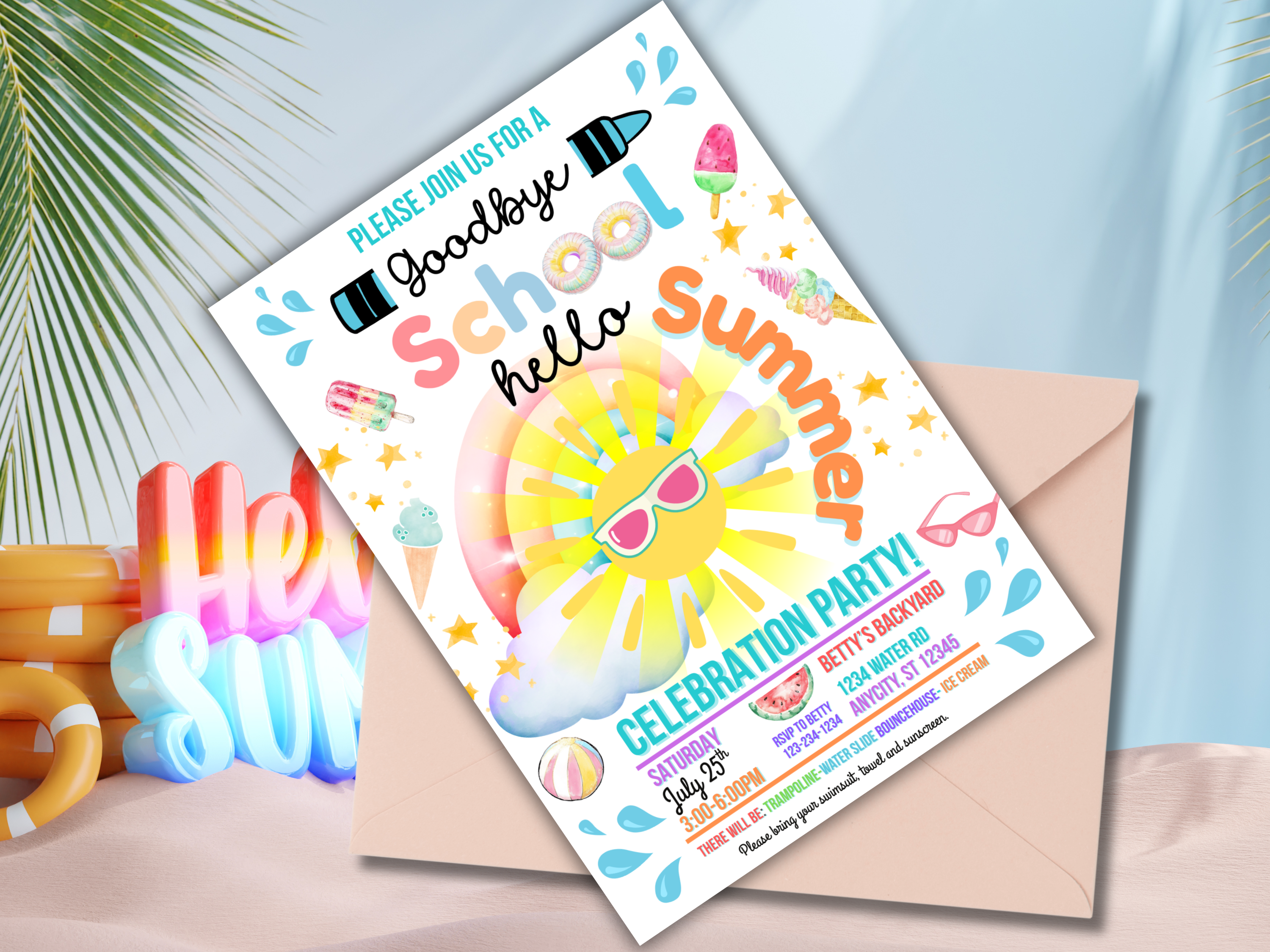Hello Summer Ice Cream Party Invite, End of School Digital Canva Template, Pool Vibes Rainbow Sun Editable Text Invitation Download