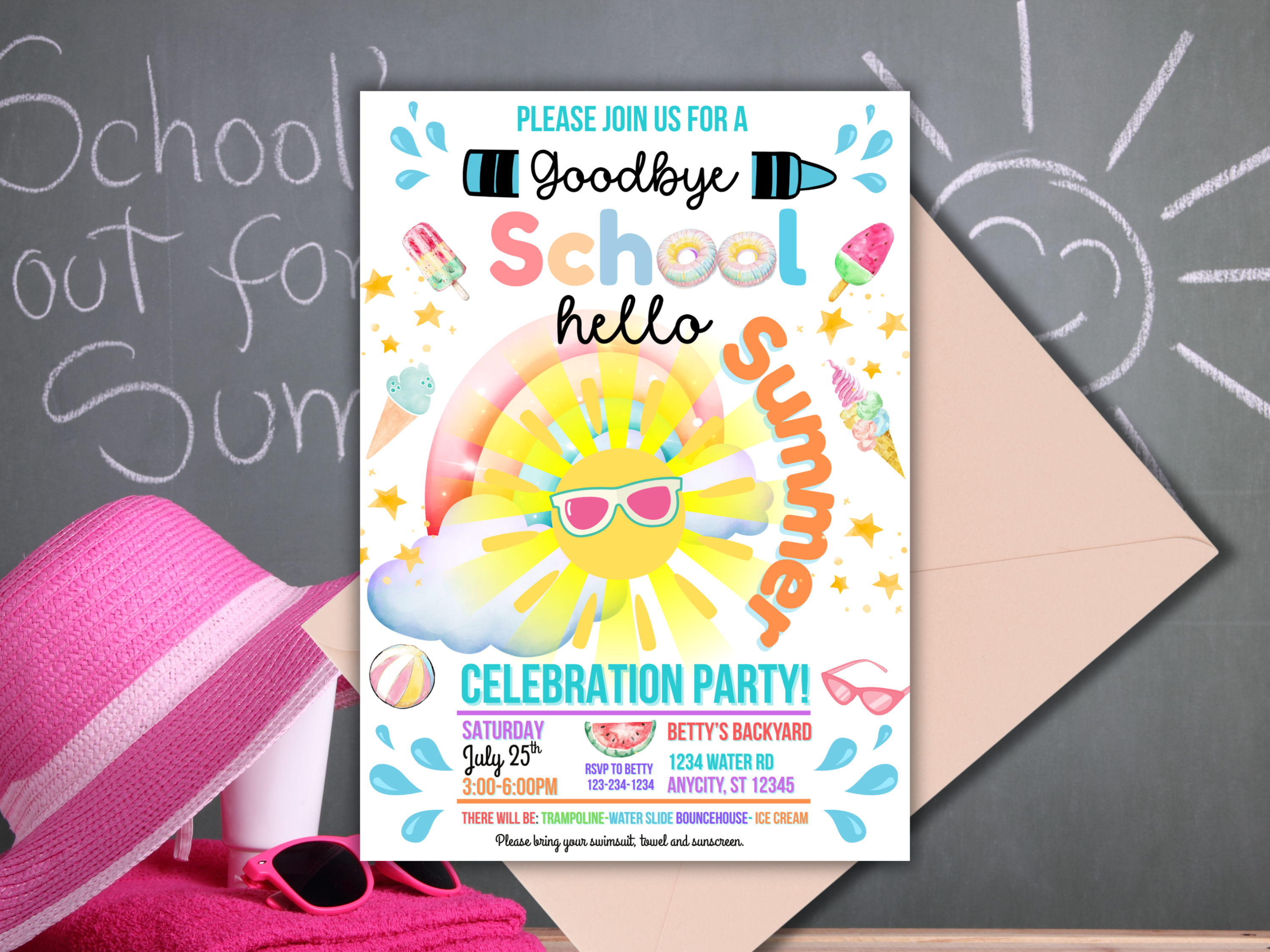 Hello Summer Ice Cream Party Invite, End of School Digital Canva Template, Pool Vibes Rainbow Sun Editable Text Invitation Download