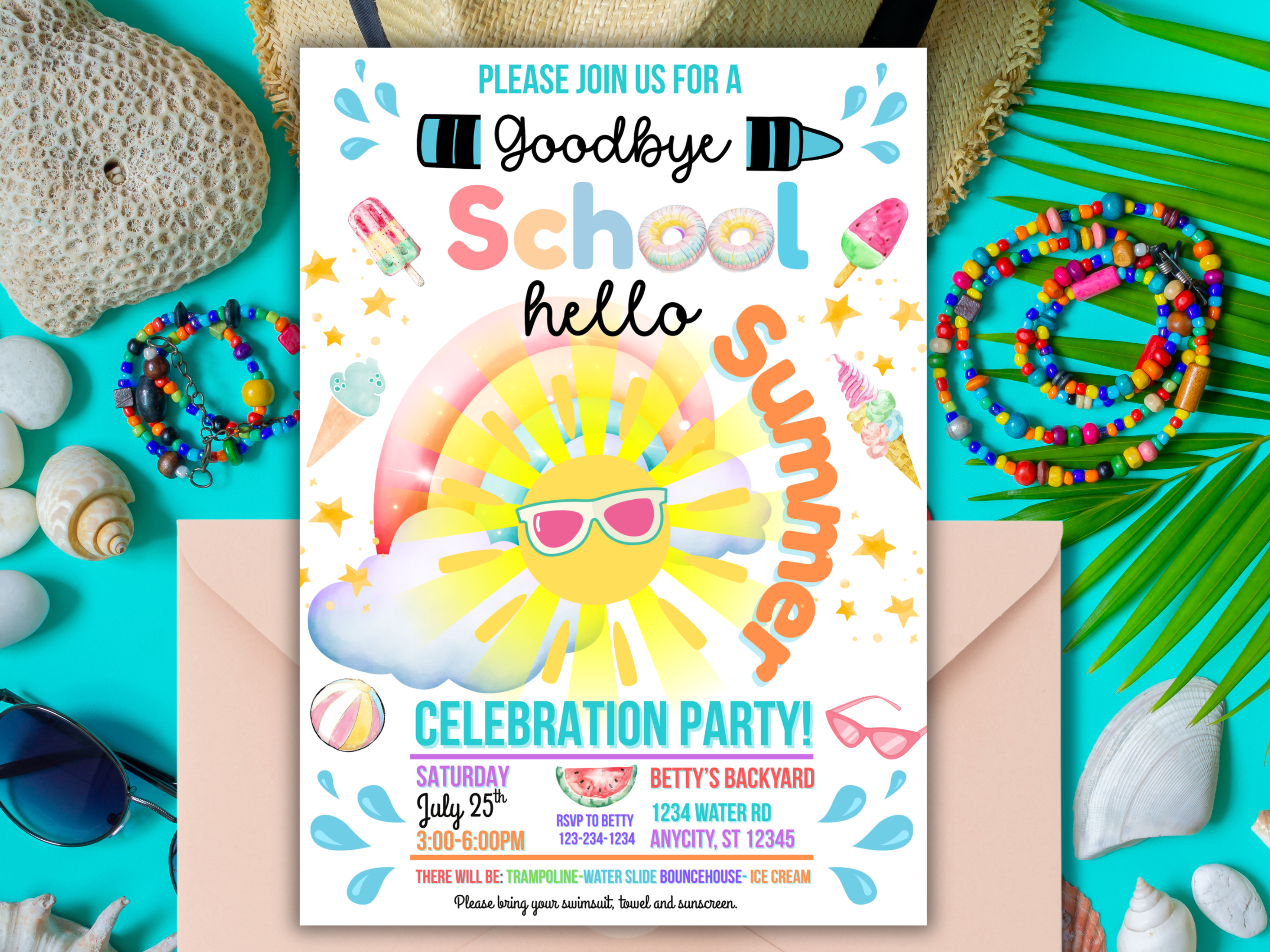 Hello Summer Ice Cream Party Invite, End of School Digital Canva Template, Pool Vibes Rainbow Sun Editable Text Invitation Download