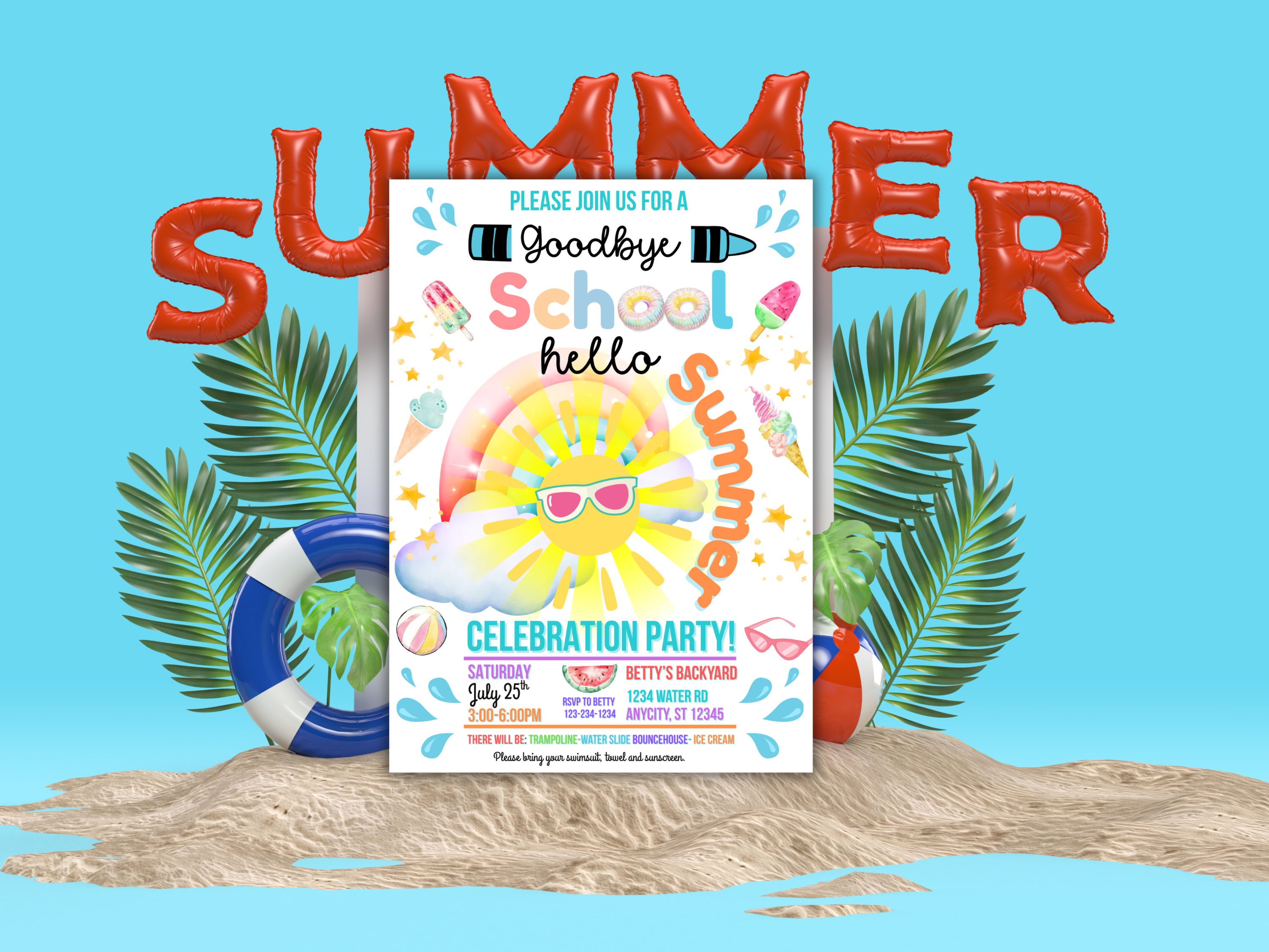 Hello Summer Ice Cream Party Invite, End of School Digital Canva Template, Pool Vibes Rainbow Sun Editable Text Invitation Download