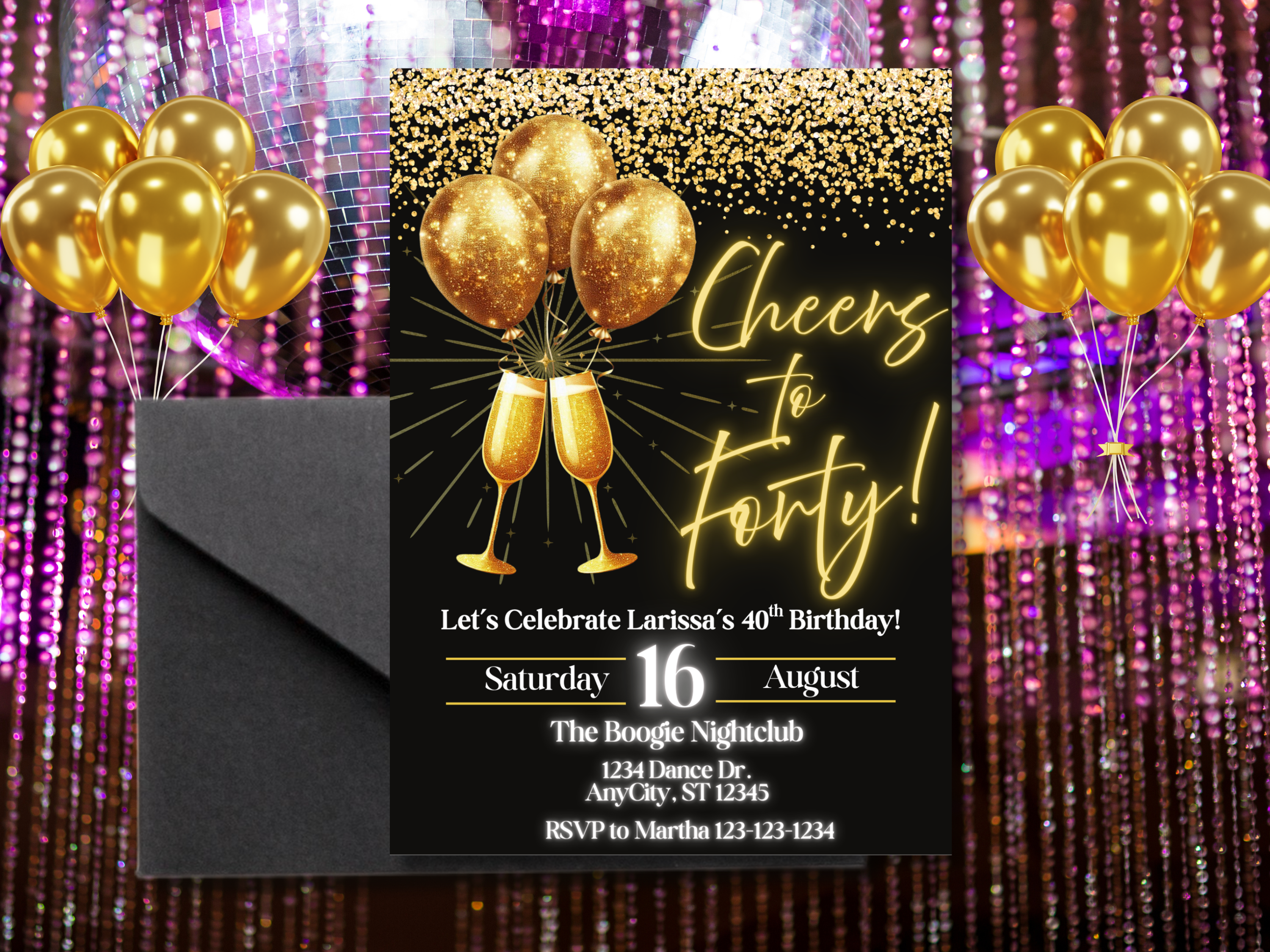 Editable Editable 40th Birthday Invitation Black Gold Glitter Digital E-Invite Celebrate Milestone Party Printable Invite Birthday Invitation Black Gold Glitter Digital E-Invite Celebrate Milestone Party Printable Invite