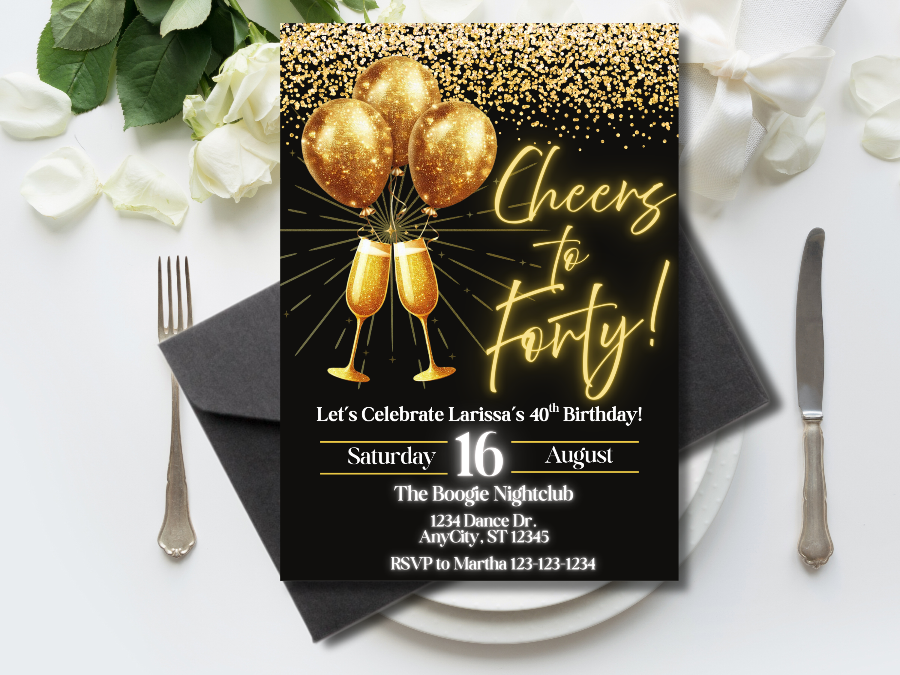 Editable Editable 40th Birthday Invitation Black Gold Glitter Digital E-Invite Celebrate Milestone Party Printable Invite Birthday Invitation Black Gold Glitter Digital E-Invite Celebrate Milestone Party Printable Invite