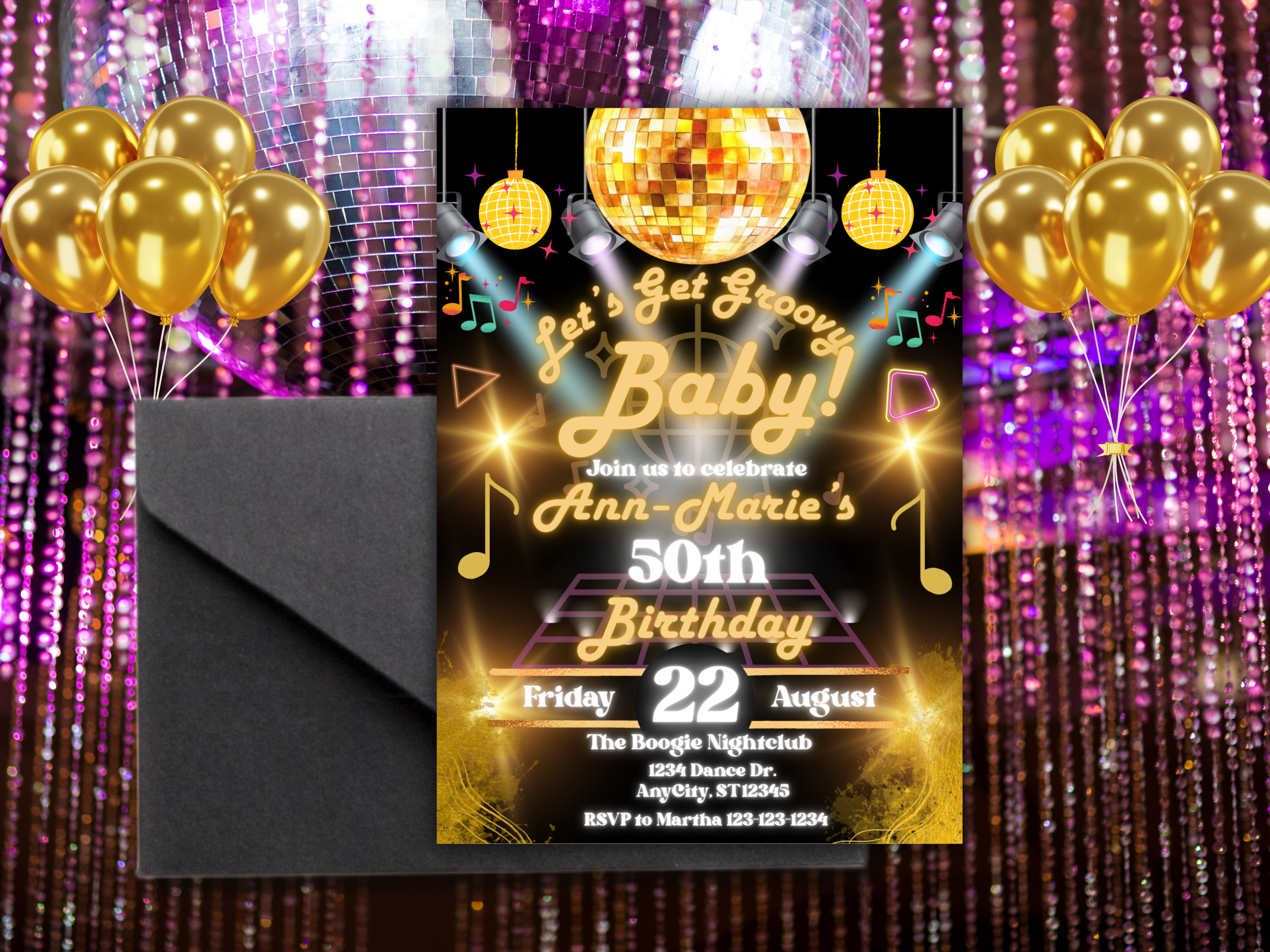 Editable Disco Birthday Invitation Template | 70s Black & Gold 50th Milestone Party Digital Canva Invite Download