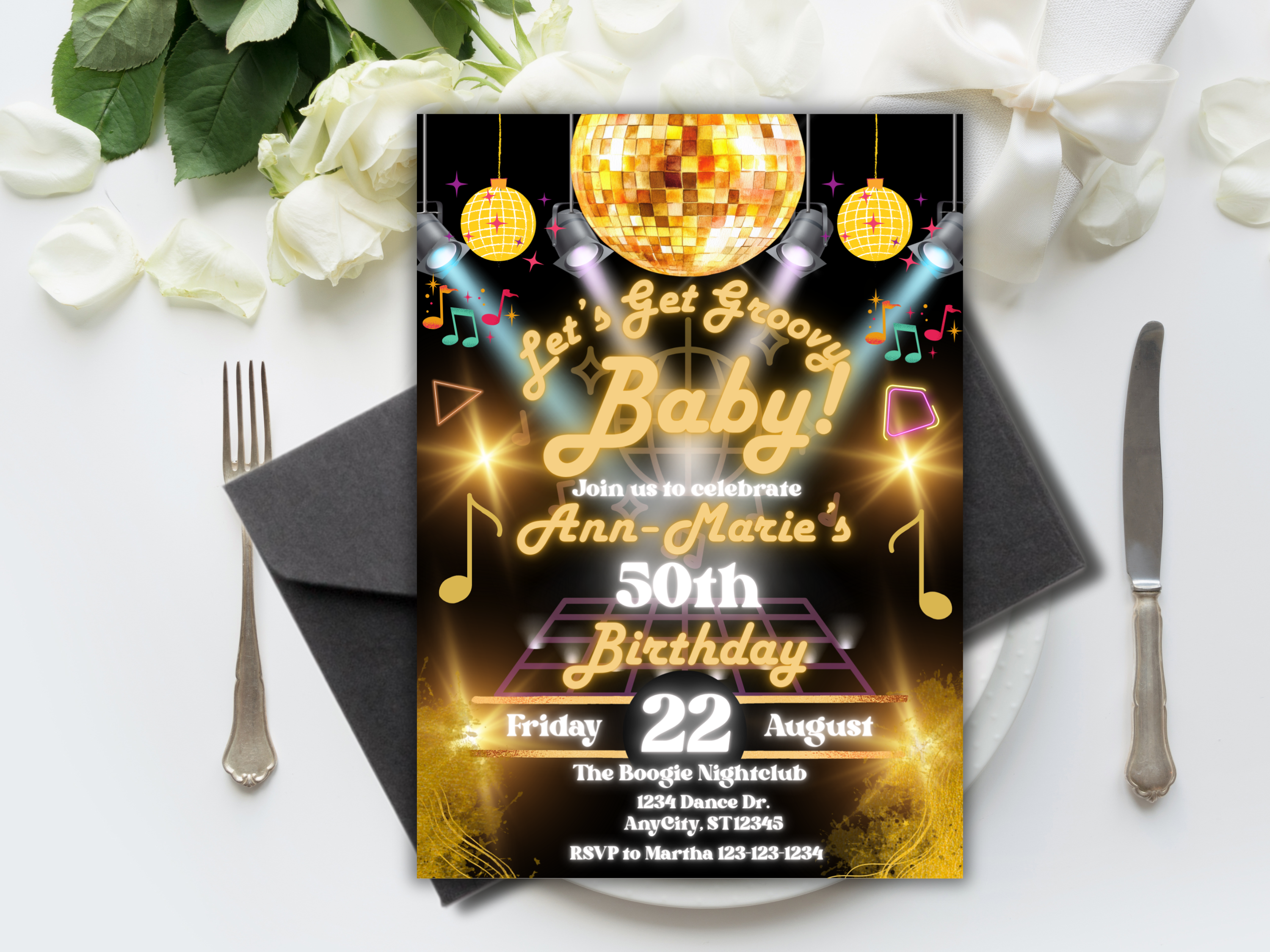 Editable Disco Birthday Invitation Template | 70s Black & Gold 50th Milestone Party Digital Canva Invite Download