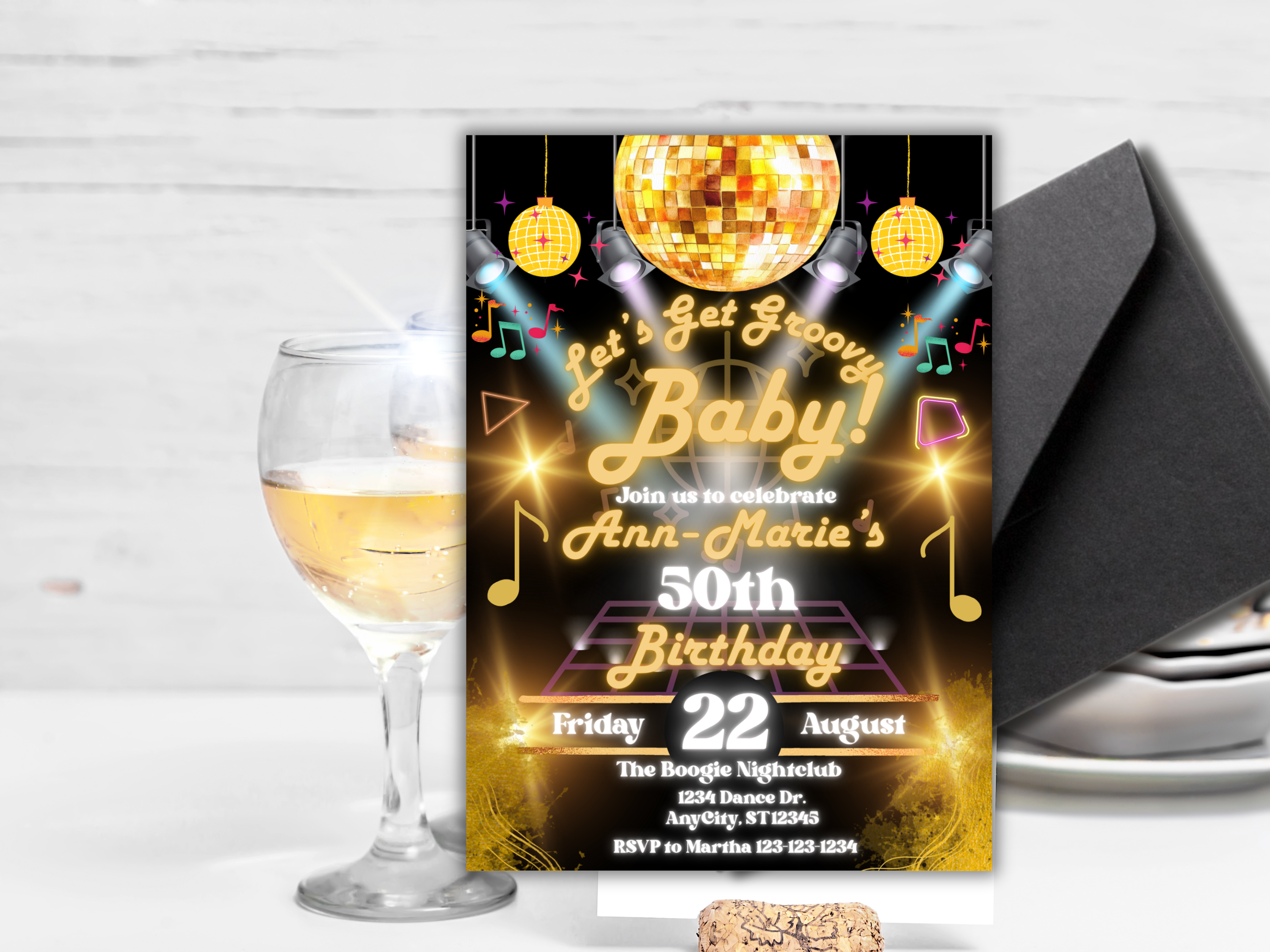 Editable Disco Birthday Invitation Template | 70s Black & Gold 50th Milestone Party Digital Canva Invite Download