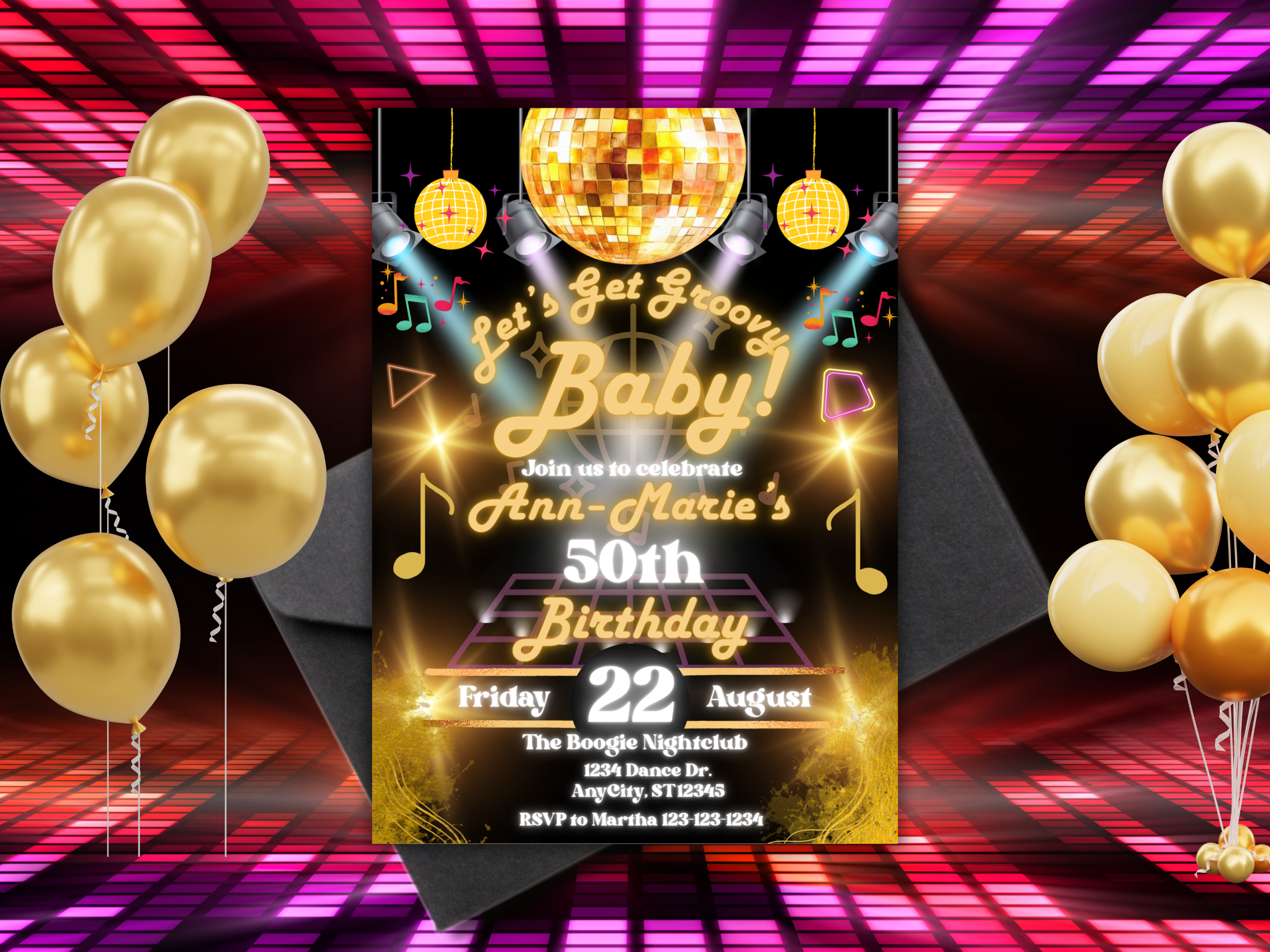 Editable Disco Birthday Invitation Template | 70s Black & Gold 50th Milestone Party Digital Canva Invite Download