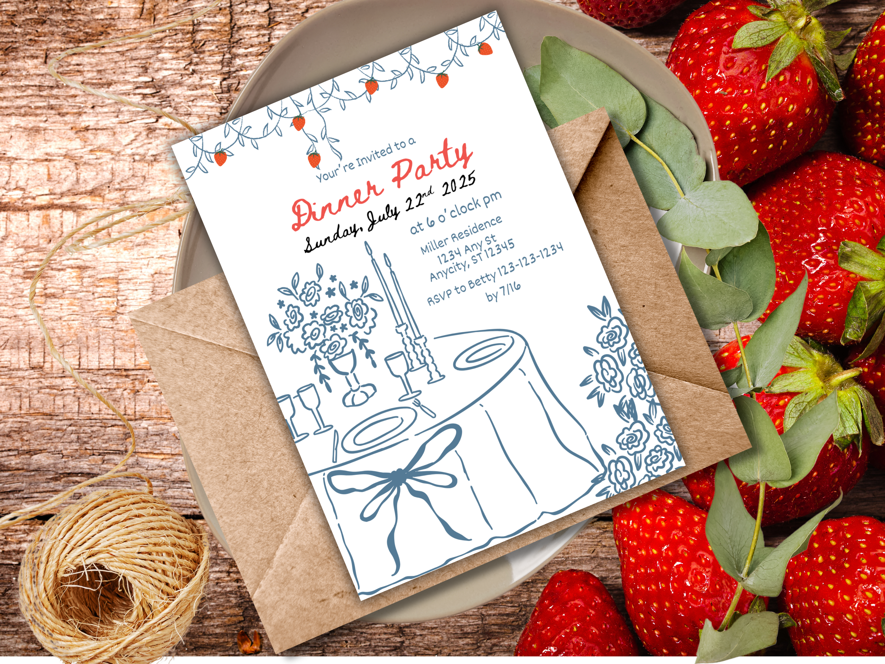 Dinner Party Invitation Template | Summer BBQ Invite | Editable Birthday Dinner Party Canva Template | Strawberry Vine Design
