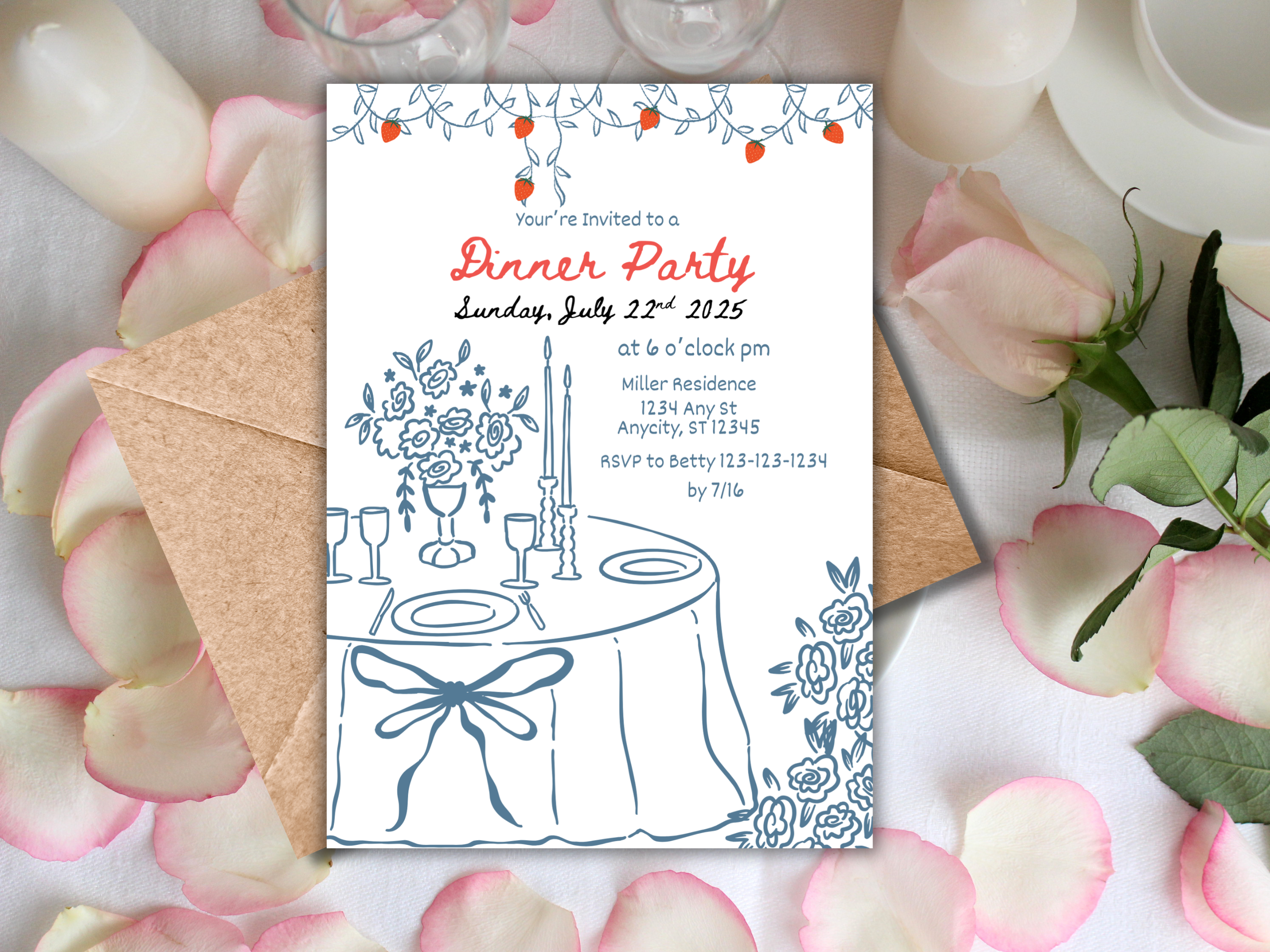 Dinner Party Invitation Template | Summer BBQ Invite | Editable Birthday Dinner Party Canva Template | Strawberry Vine Design
