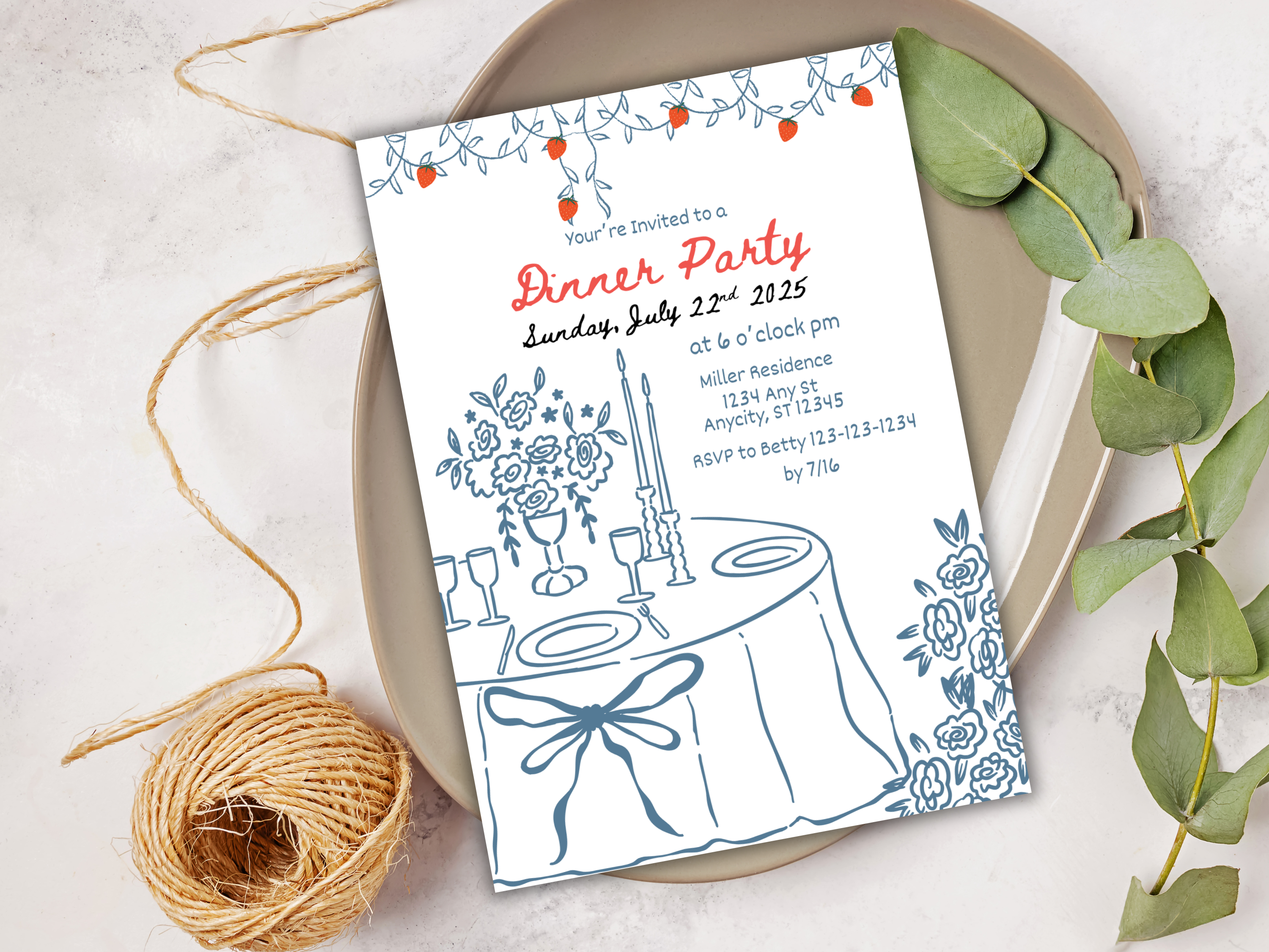 Dinner Party Invitation Template | Summer BBQ Invite | Editable Birthday Dinner Party Canva Template | Strawberry Vine Design