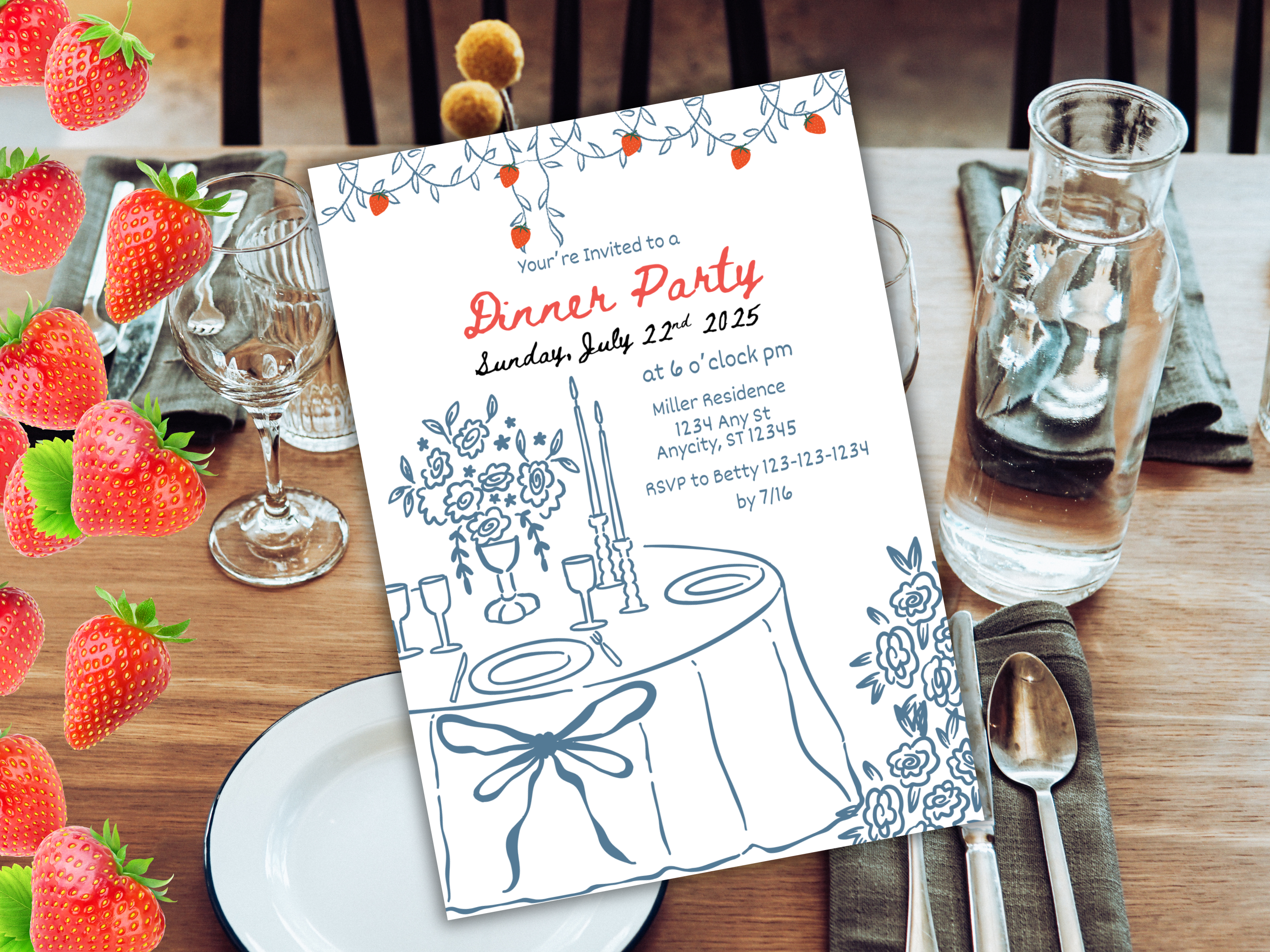 Dinner Party Invitation Template | Summer BBQ Invite | Editable Birthday Dinner Party Canva Template | Strawberry Vine Design