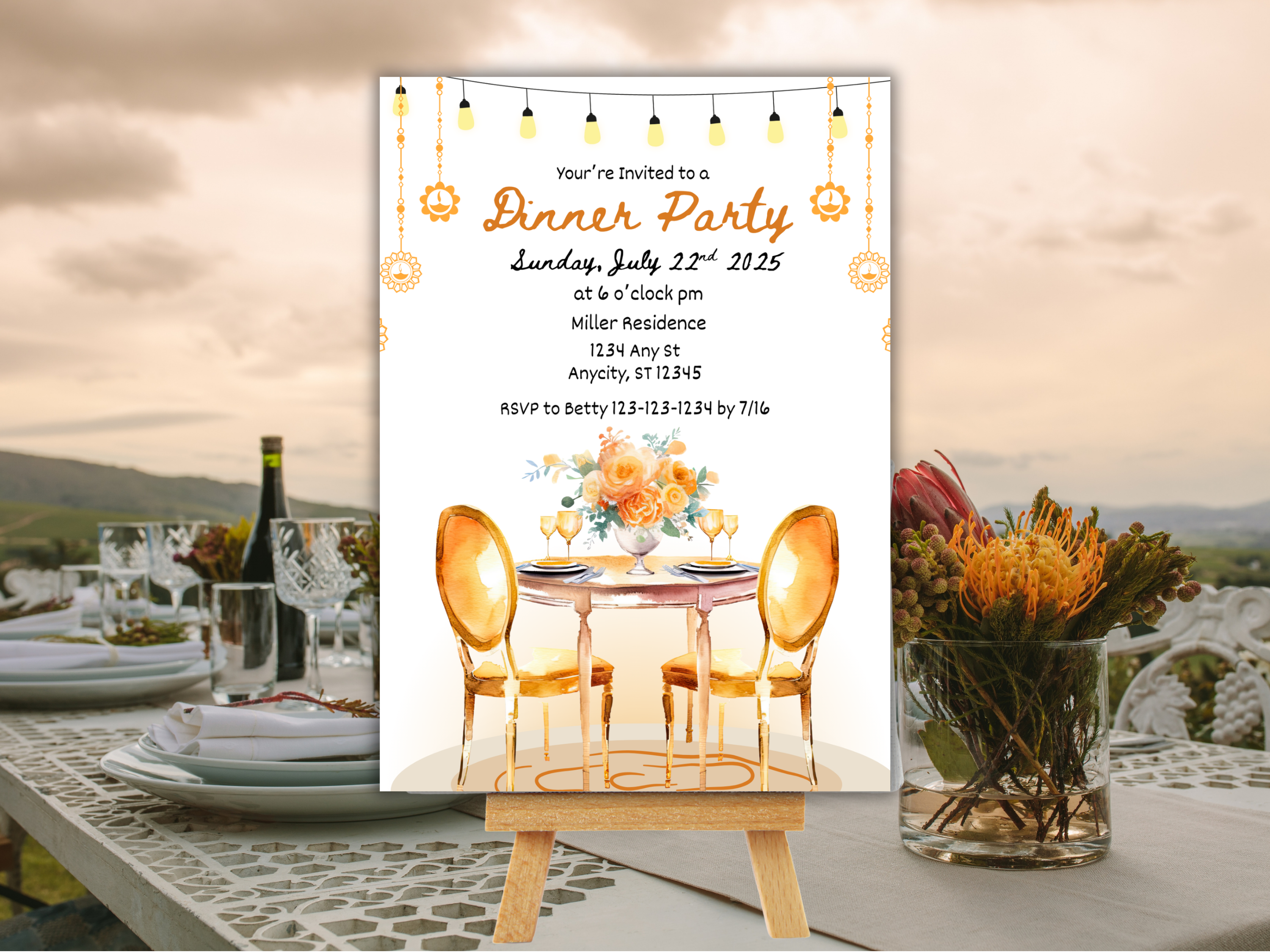 Gold Dinner Party Invitation Template Editable Mediterranean Birthday Brunch Invite Hand Drawn Illustrated Invitation Card