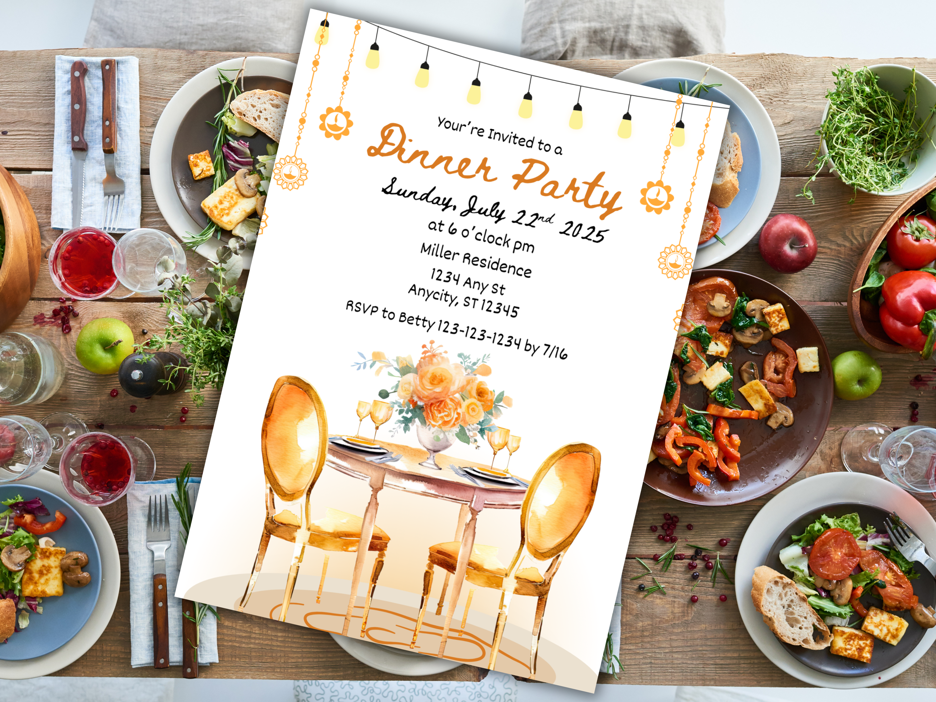 Gold Dinner Party Invitation Template Editable Mediterranean Birthday Brunch Invite Hand Drawn Illustrated Invitation Card