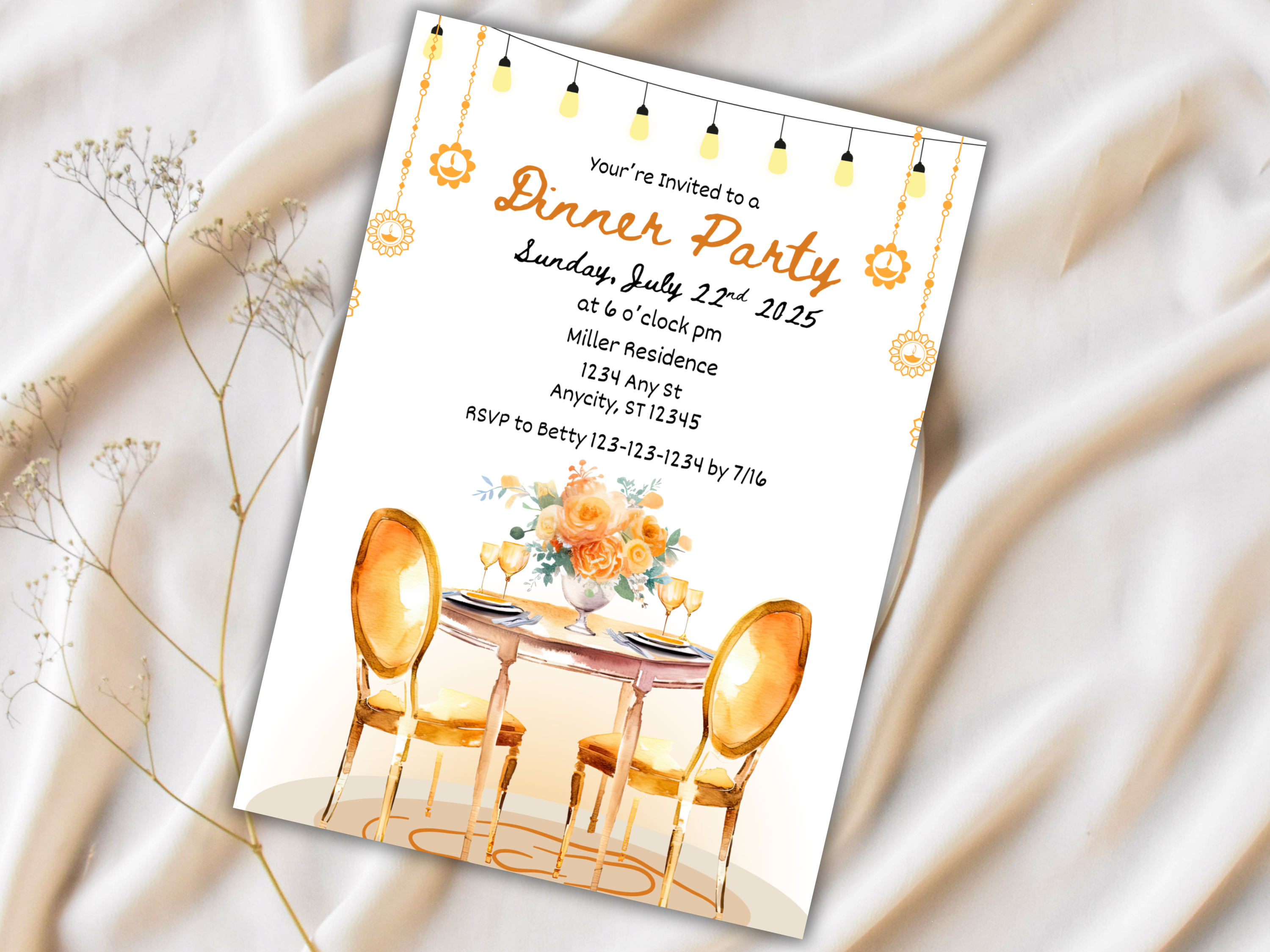 Gold Dinner Party Invitation Template Editable Mediterranean Birthday Brunch Invite Hand Drawn Illustrated Invitation Card