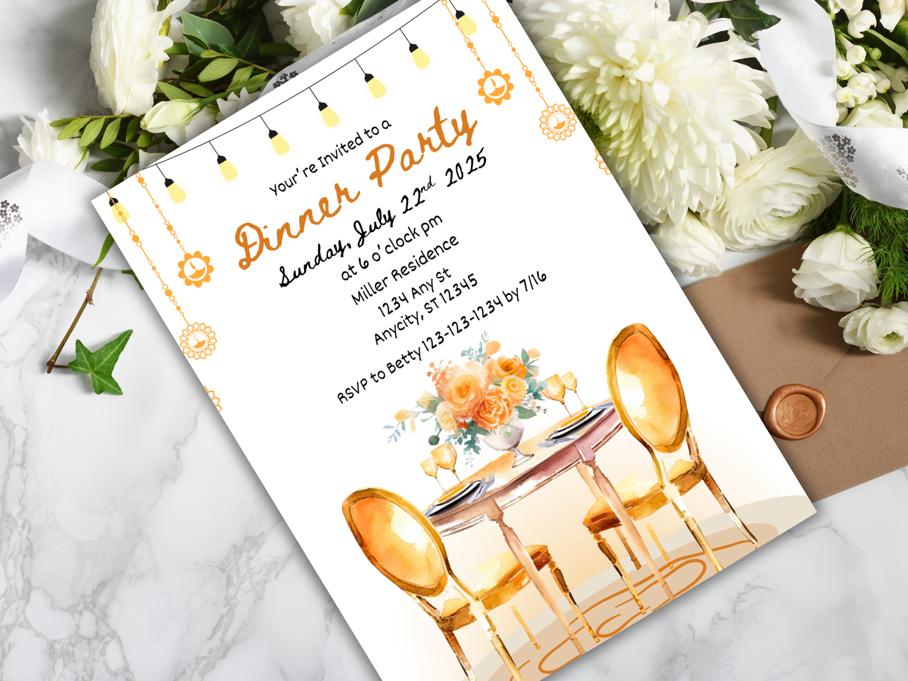 Gold Dinner Party Invitation Template Editable Mediterranean Birthday Brunch Invite Hand Drawn Illustrated Invitation Card