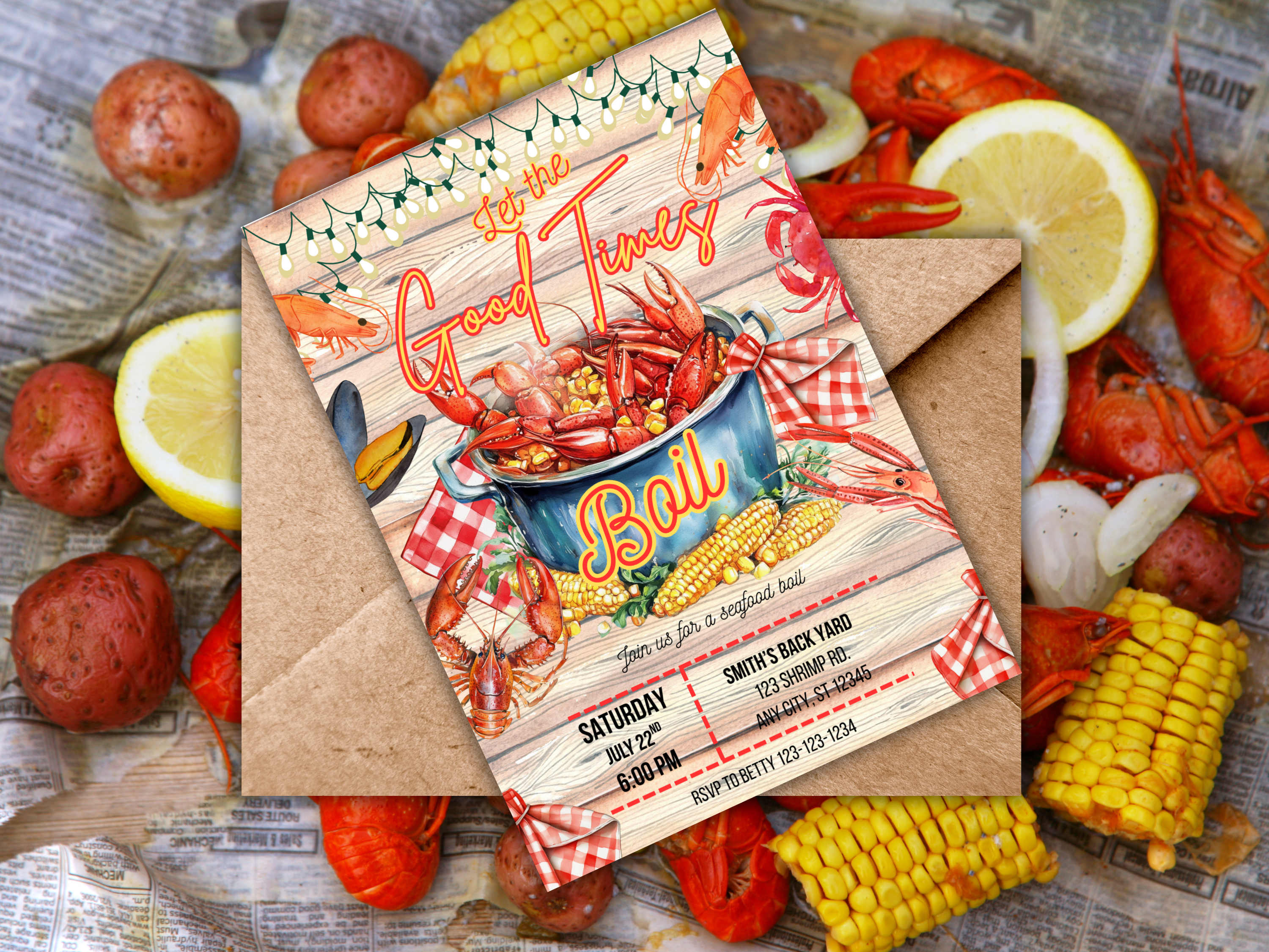 Editable Seafood Boil Invitation Template - Let the Good Times Boil, Crawfish Boil Party, Shrimp Crab Dinner, Canva Digital Download, Red Plaid BBQ Invit