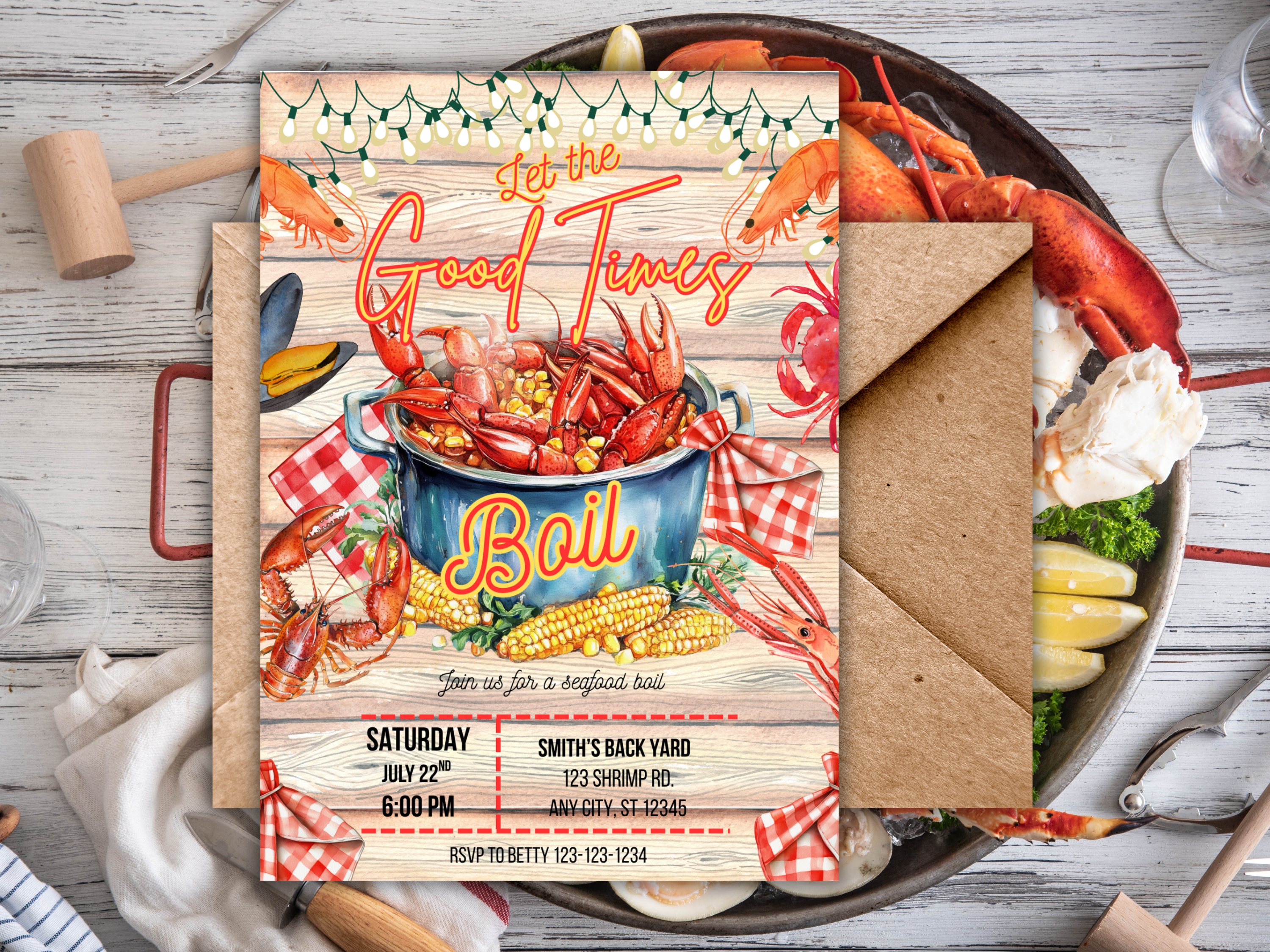 Editable Seafood Boil Invitation Template - Let the Good Times Boil, Crawfish Boil Party, Shrimp Crab Dinner, Canva Digital Download, Red Plaid BBQ Invit