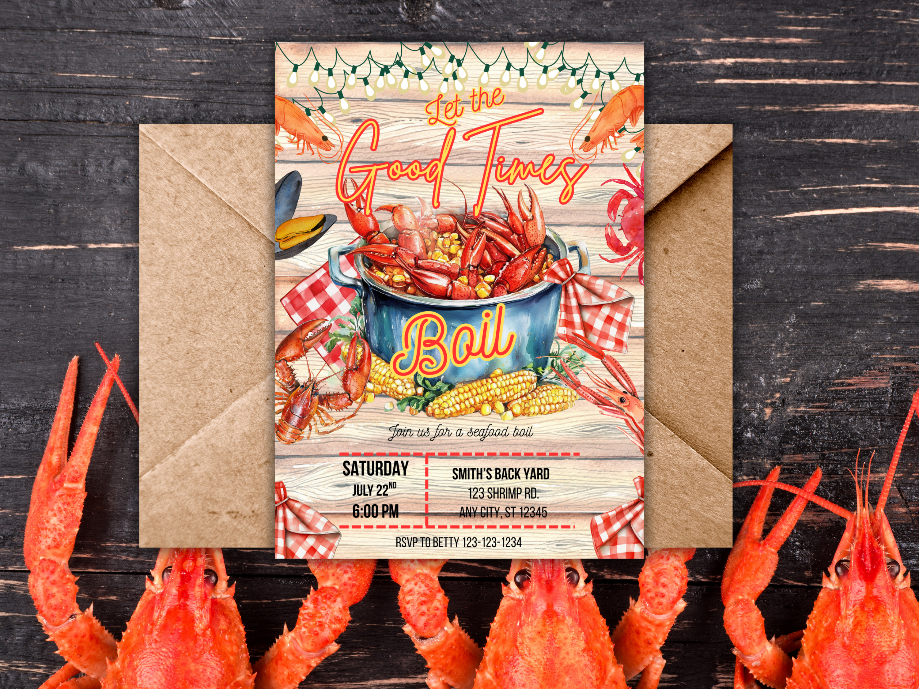 Editable Seafood Boil Invitation Template - Let the Good Times Boil, Crawfish Boil Party, Shrimp Crab Dinner, Canva Digital Download, Red Plaid BBQ Invit