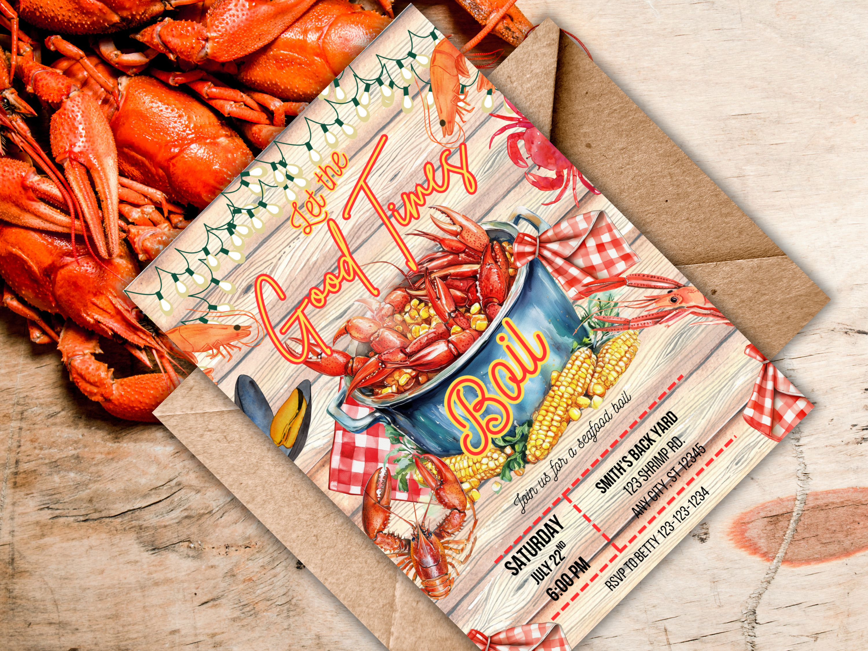 Editable Seafood Boil Invitation Template - Let the Good Times Boil, Crawfish Boil Party, Shrimp Crab Dinner, Canva Digital Download, Red Plaid BBQ Invit