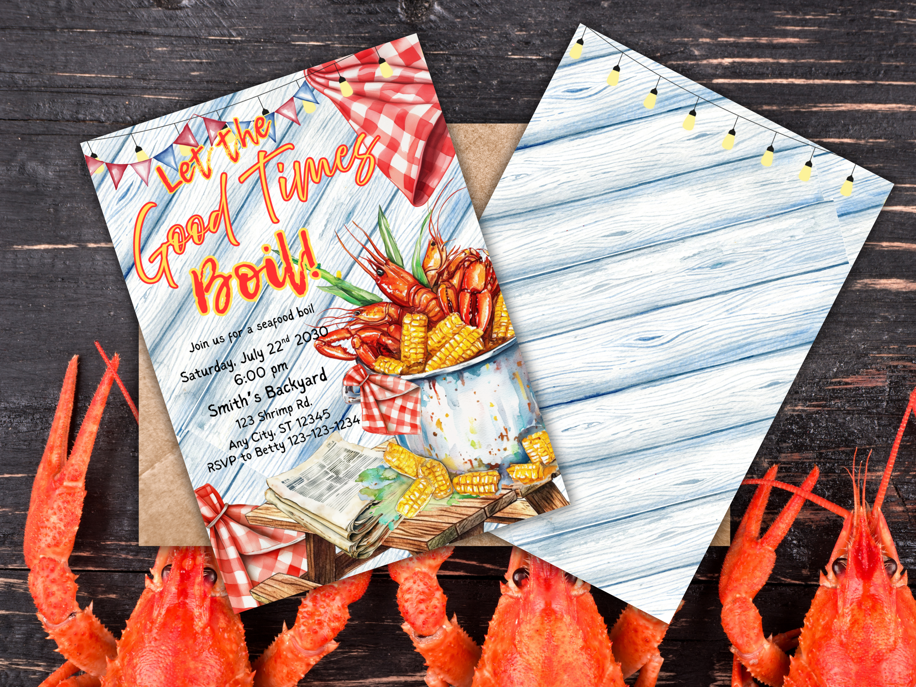 Editable Seafood Boil Invitation Template - Let the Good Times Boil, Crawfish Boil Party, Shrimp Crab Dinner, Canva Digital Download, Red Plaid BBQ Invit