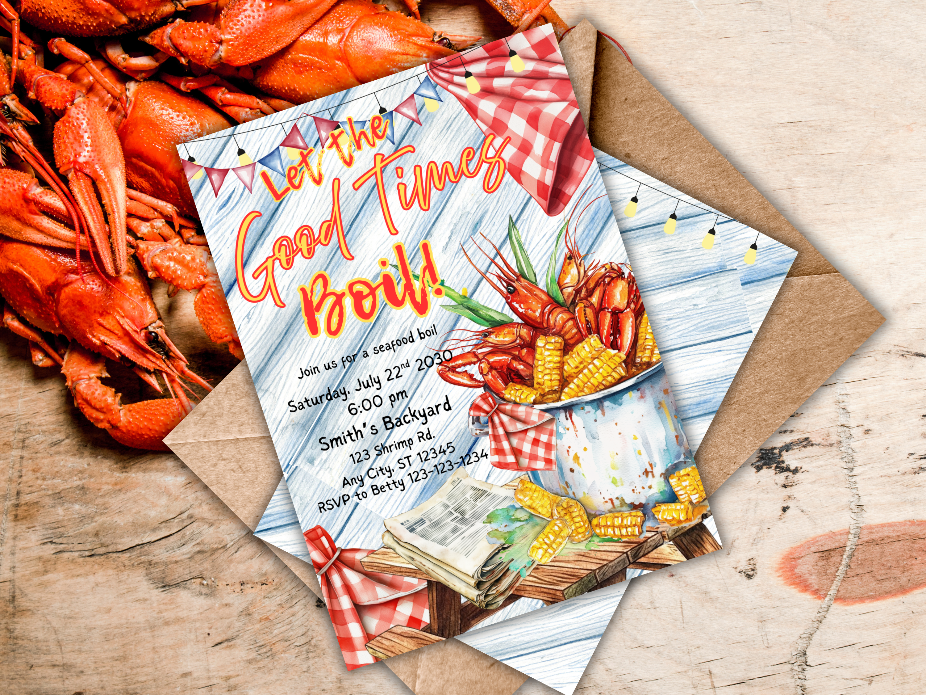 Editable Seafood Boil Invitation Template - Let the Good Times Boil, Crawfish Boil Party, Shrimp Crab Dinner, Canva Digital Download, Red Plaid BBQ Invit