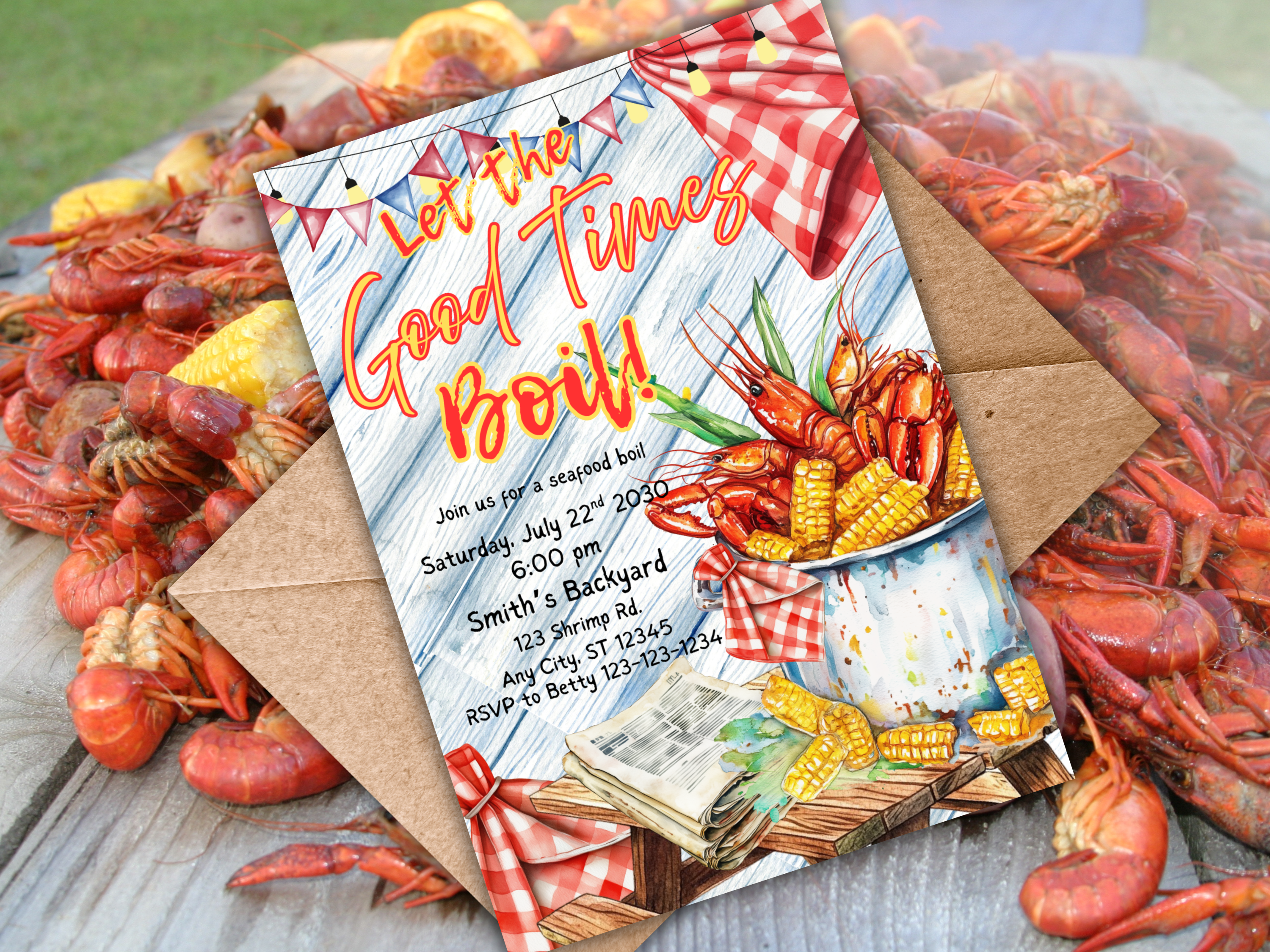 Editable Seafood Boil Invitation Template - Let the Good Times Boil, Crawfish Boil Party, Shrimp Crab Dinner, Canva Digital Download, Red Plaid BBQ Invit