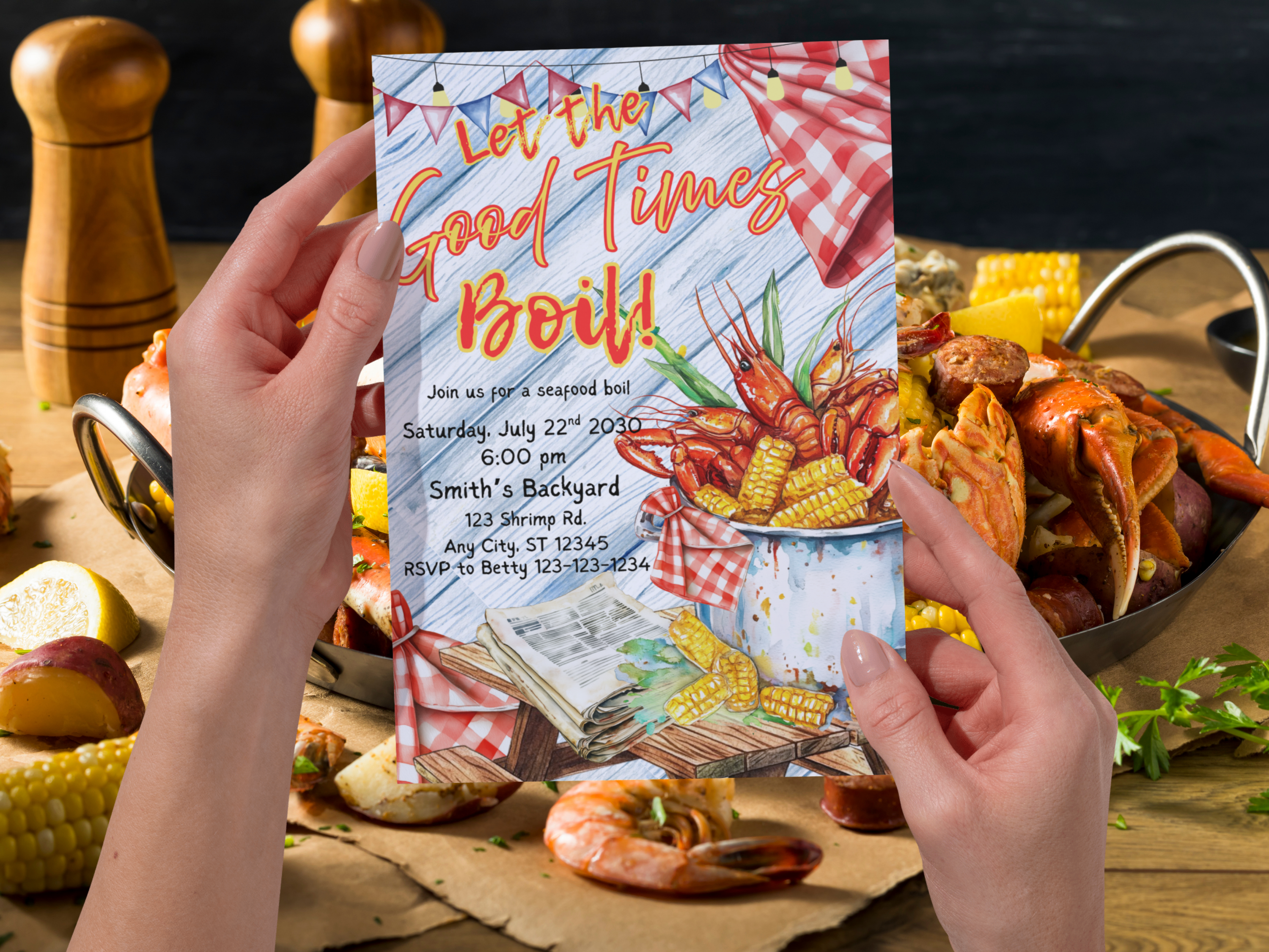 Editable Seafood Boil Invitation Template - Let the Good Times Boil, Crawfish Boil Party, Shrimp Crab Dinner, Canva Digital Download, Red Plaid BBQ Invit