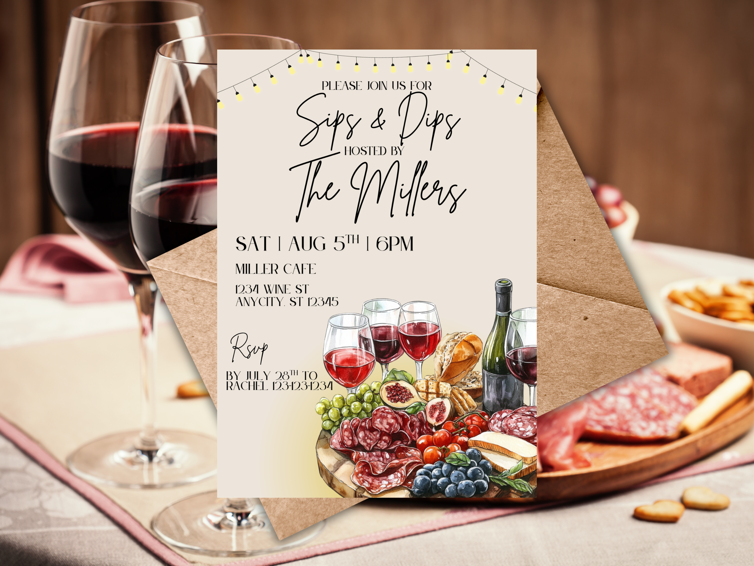 Editable Wine & Charcuterie Party Invitation | Sips & Dips Invite for Bridal Shower, Girls Night, Birthday | Canva Template | Wine & Cheese Design