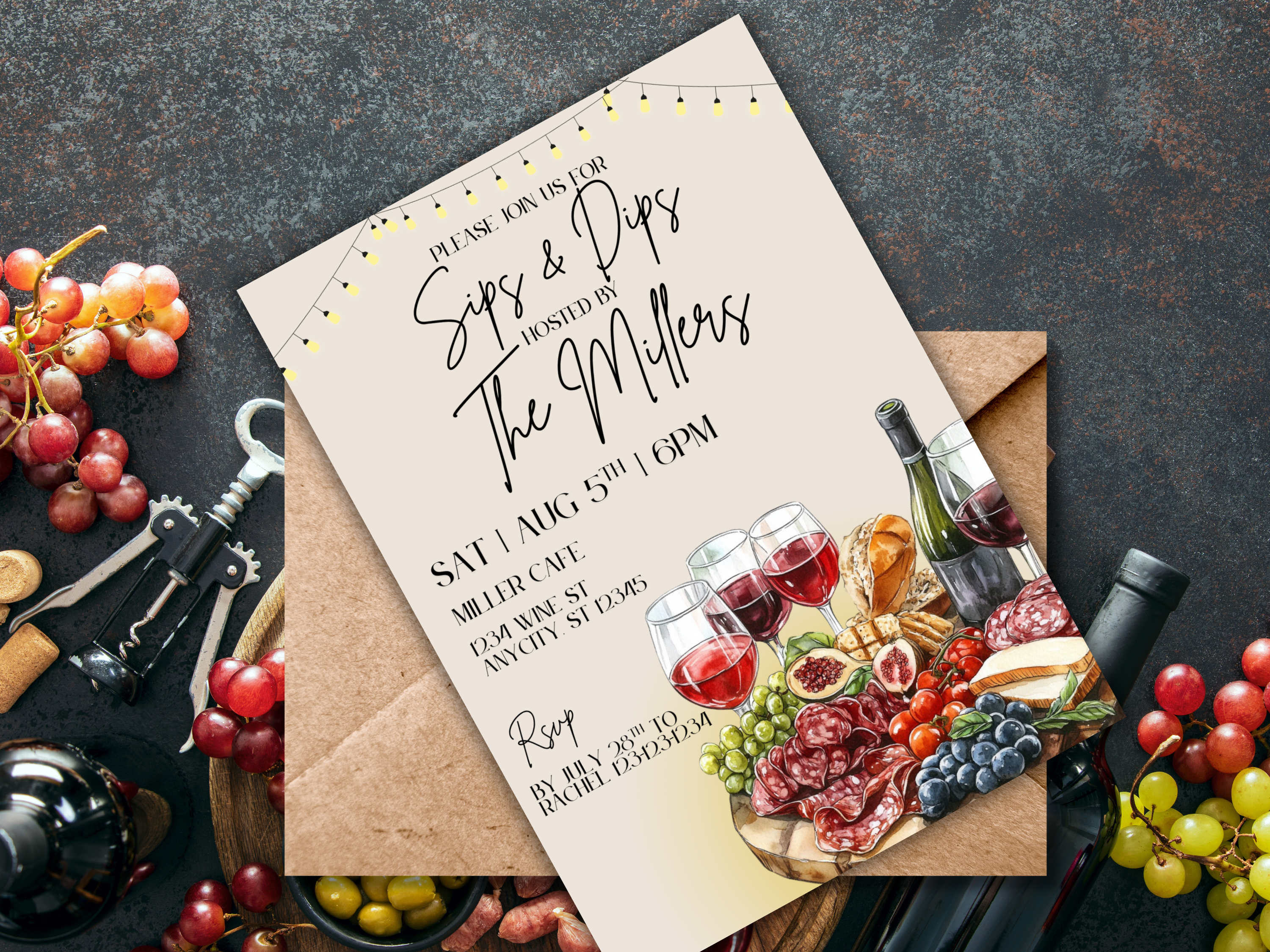 Editable Wine & Charcuterie Party Invitation | Sips & Dips Invite for Bridal Shower, Girls Night, Birthday | Canva Template | Wine & Cheese Design