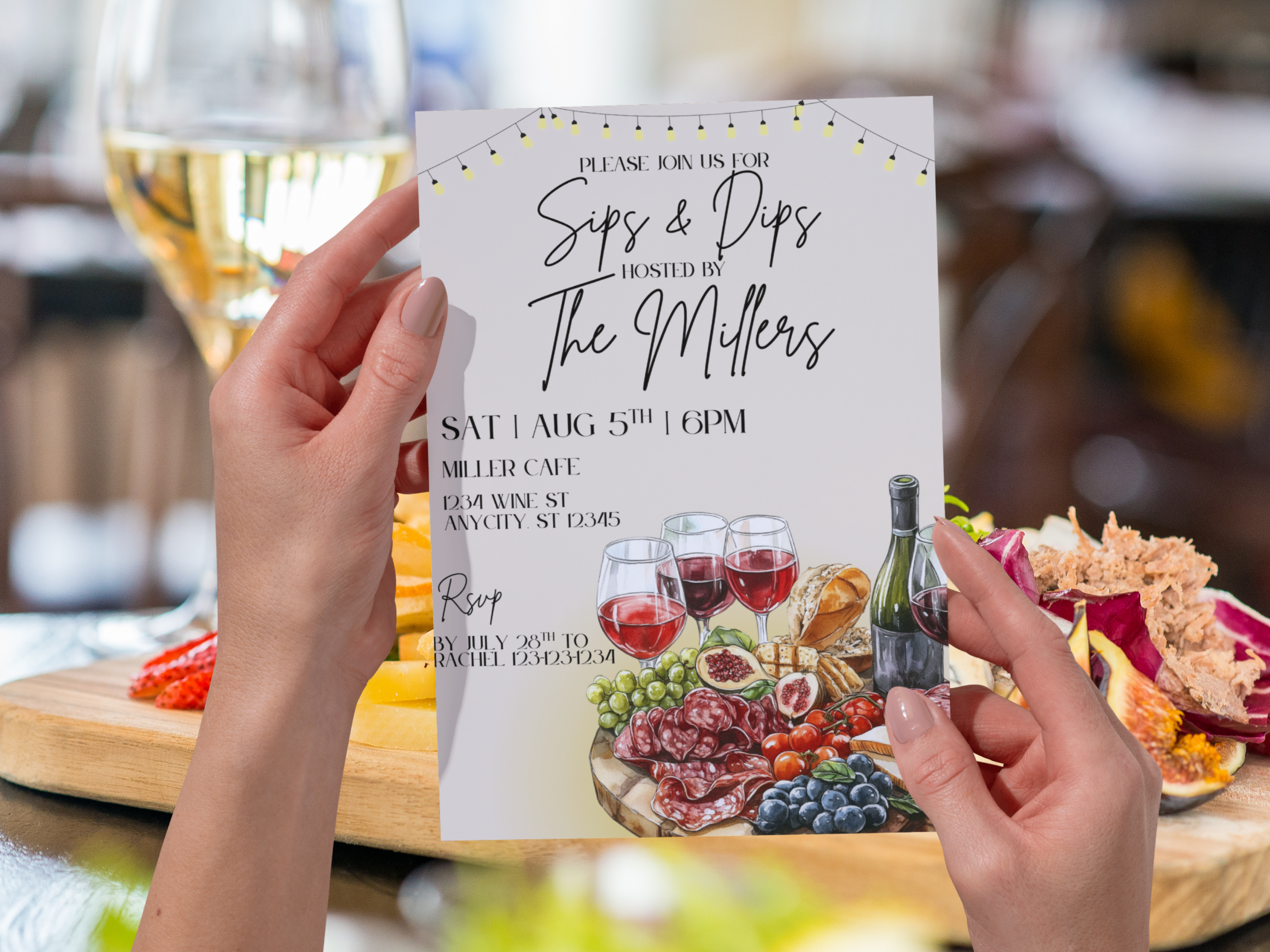 Editable Wine & Charcuterie Party Invitation | Sips & Dips Invite for Bridal Shower, Girls Night, Birthday | Canva Template | Wine & Cheese Design