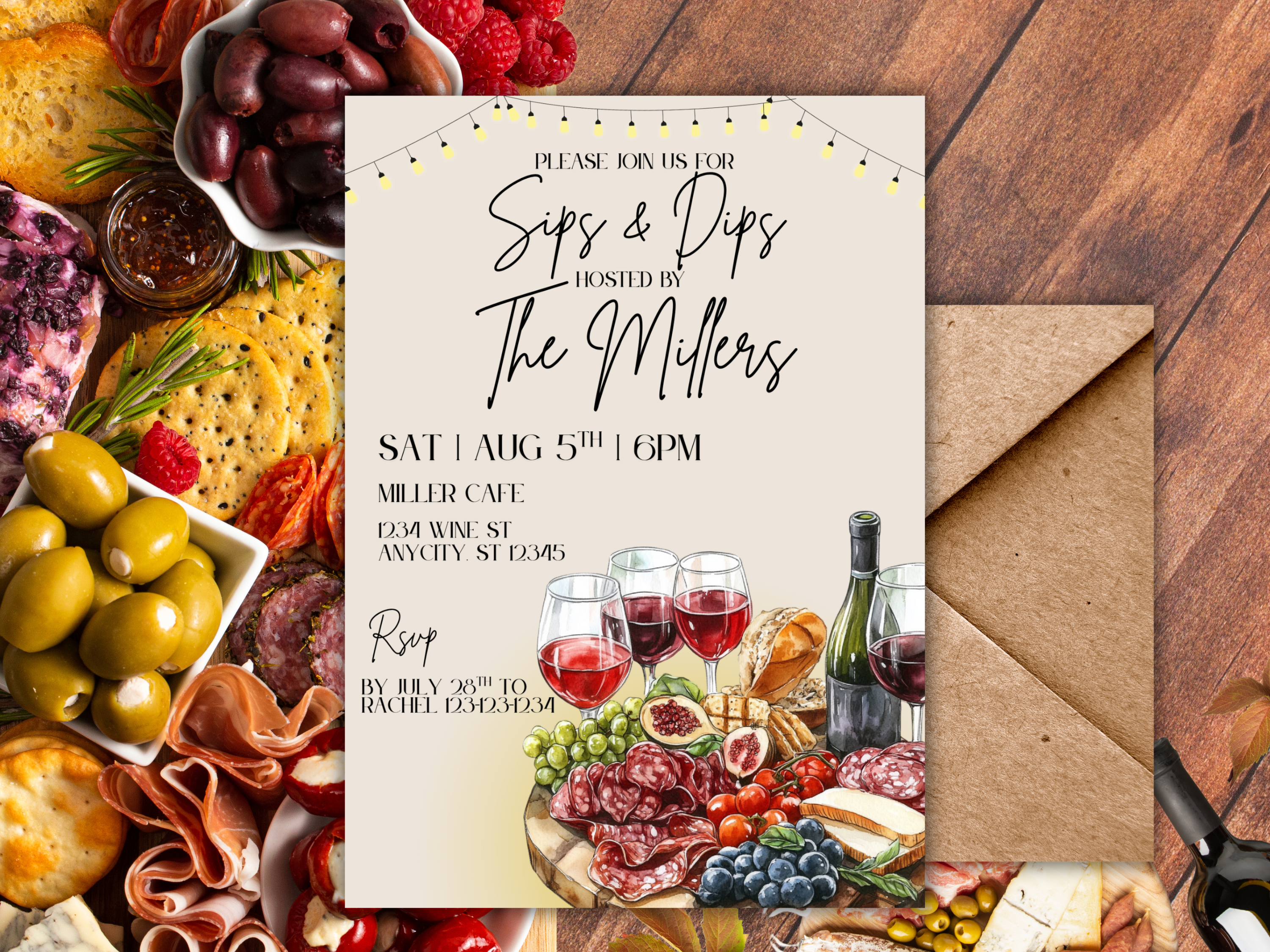 Editable Wine & Charcuterie Party Invitation | Sips & Dips Invite for Bridal Shower, Girls Night, Birthday | Canva Template | Wine & Cheese Design