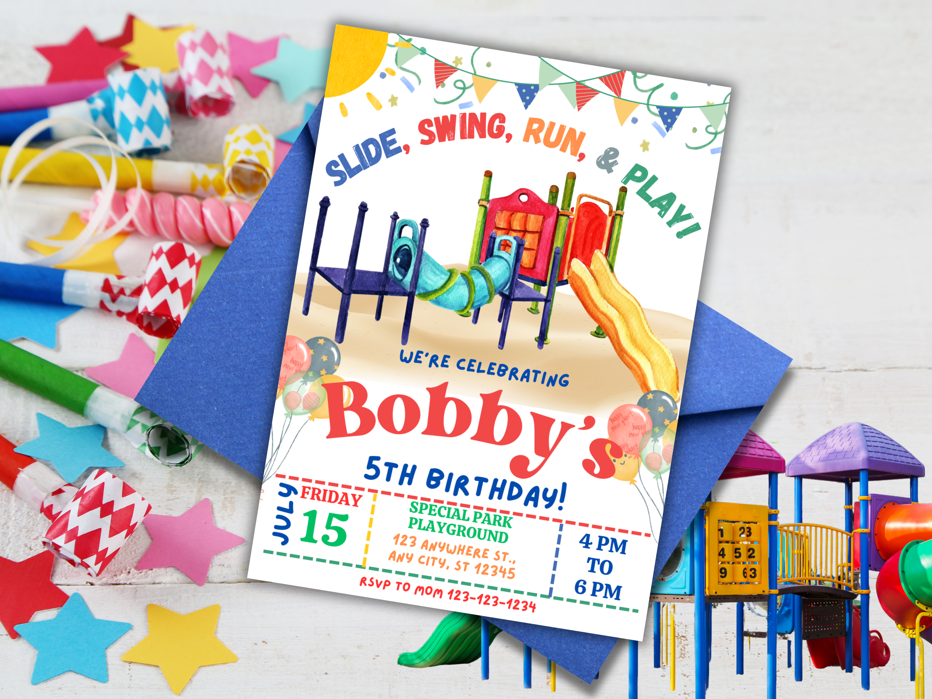 Playground Birthday Invitation for Boy or Girl, Editable Park Party Invite, Outdoor Kids Birthday, Canva Template, Instant Download, Colorful Text Invite