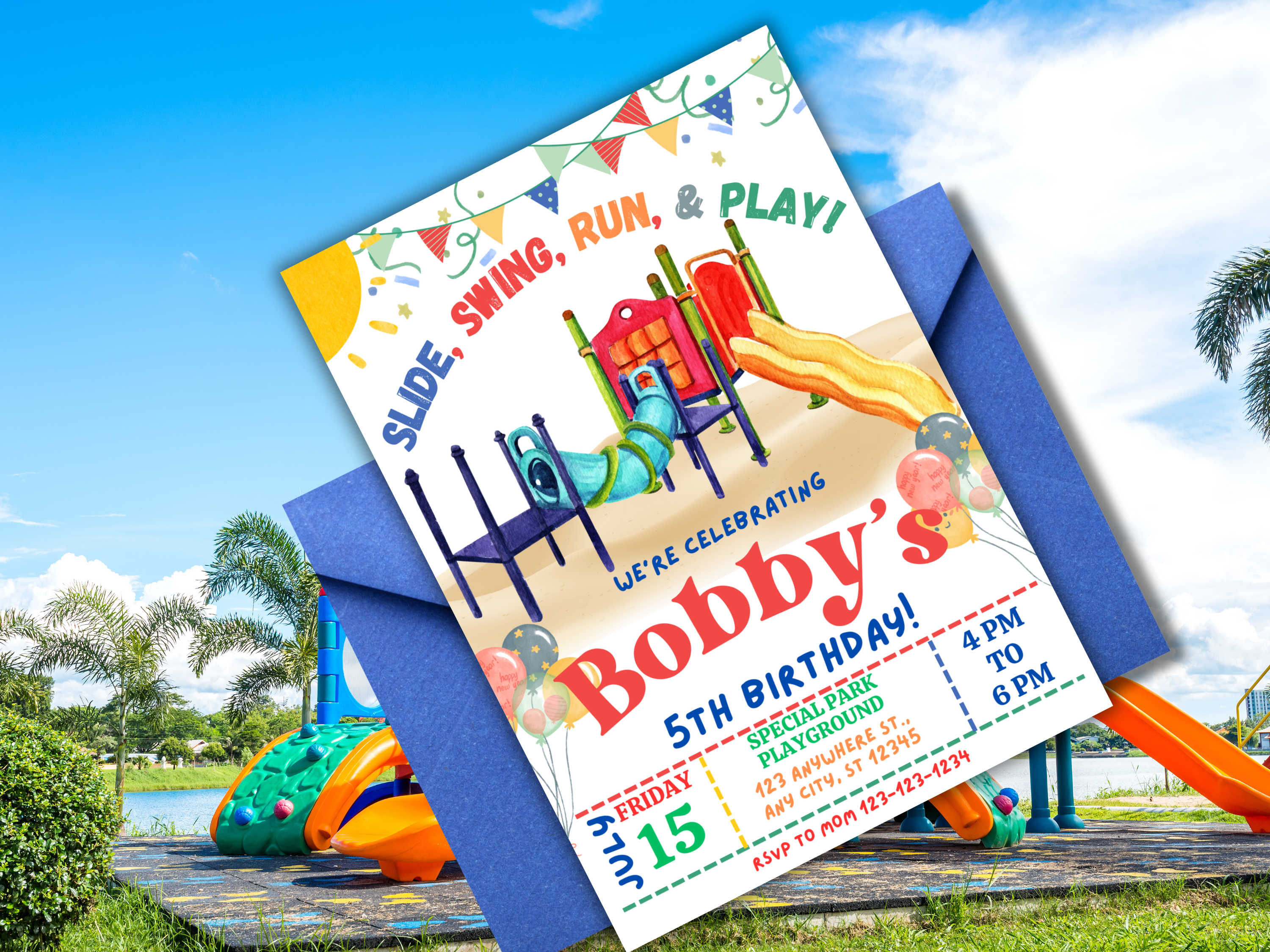 Playground Birthday Invitation for Boy or Girl, Editable Park Party Invite, Outdoor Kids Birthday, Canva Template, Instant Download, Colorful Text Invite
