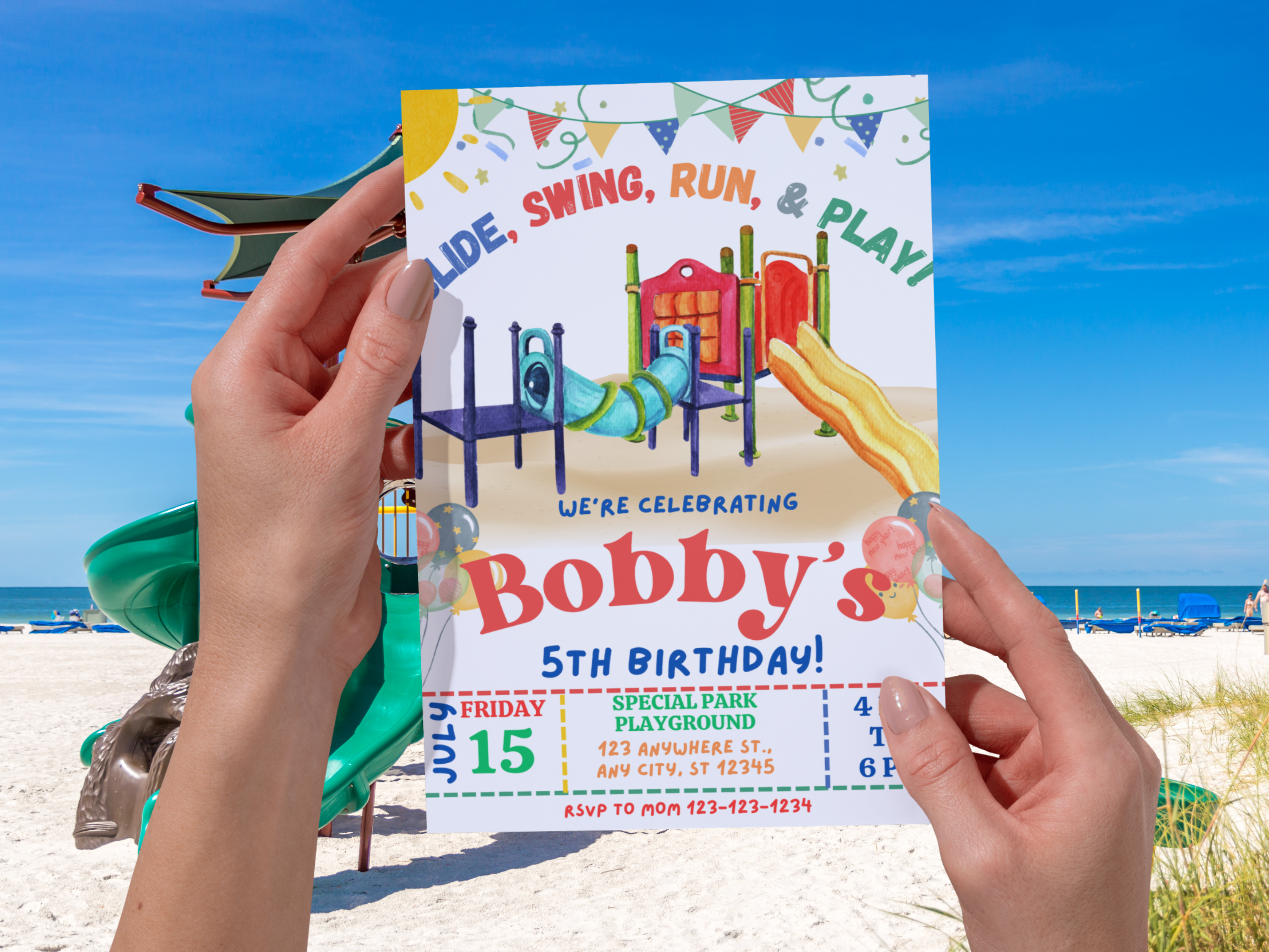 Playground Birthday Invitation for Boy or Girl, Editable Park Party Invite, Outdoor Kids Birthday, Canva Template, Instant Download, Colorful Text Invite