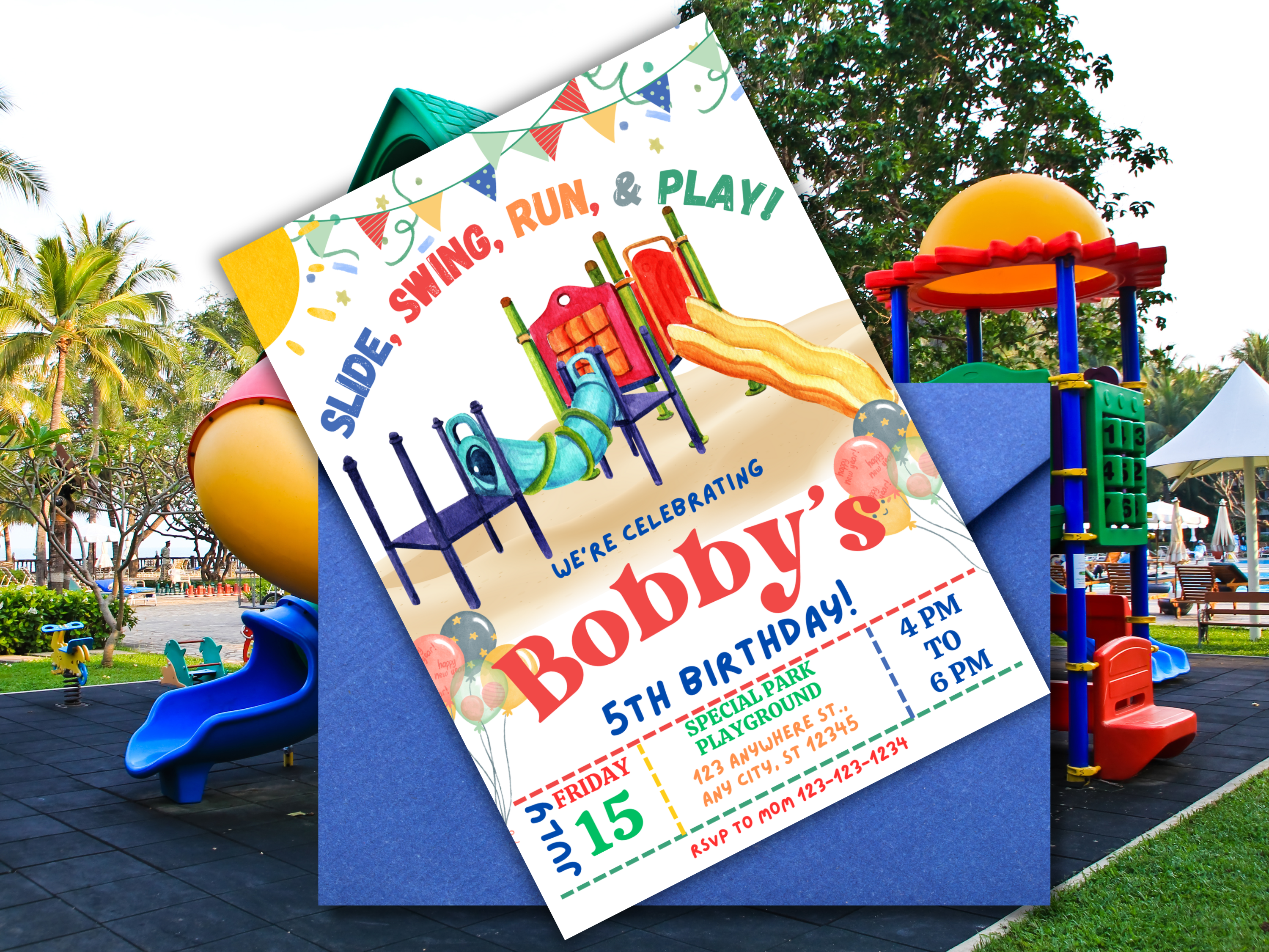 Playground Birthday Invitation for Boy or Girl, Editable Park Party Invite, Outdoor Kids Birthday, Canva Template, Instant Download, Colorful Text Invite