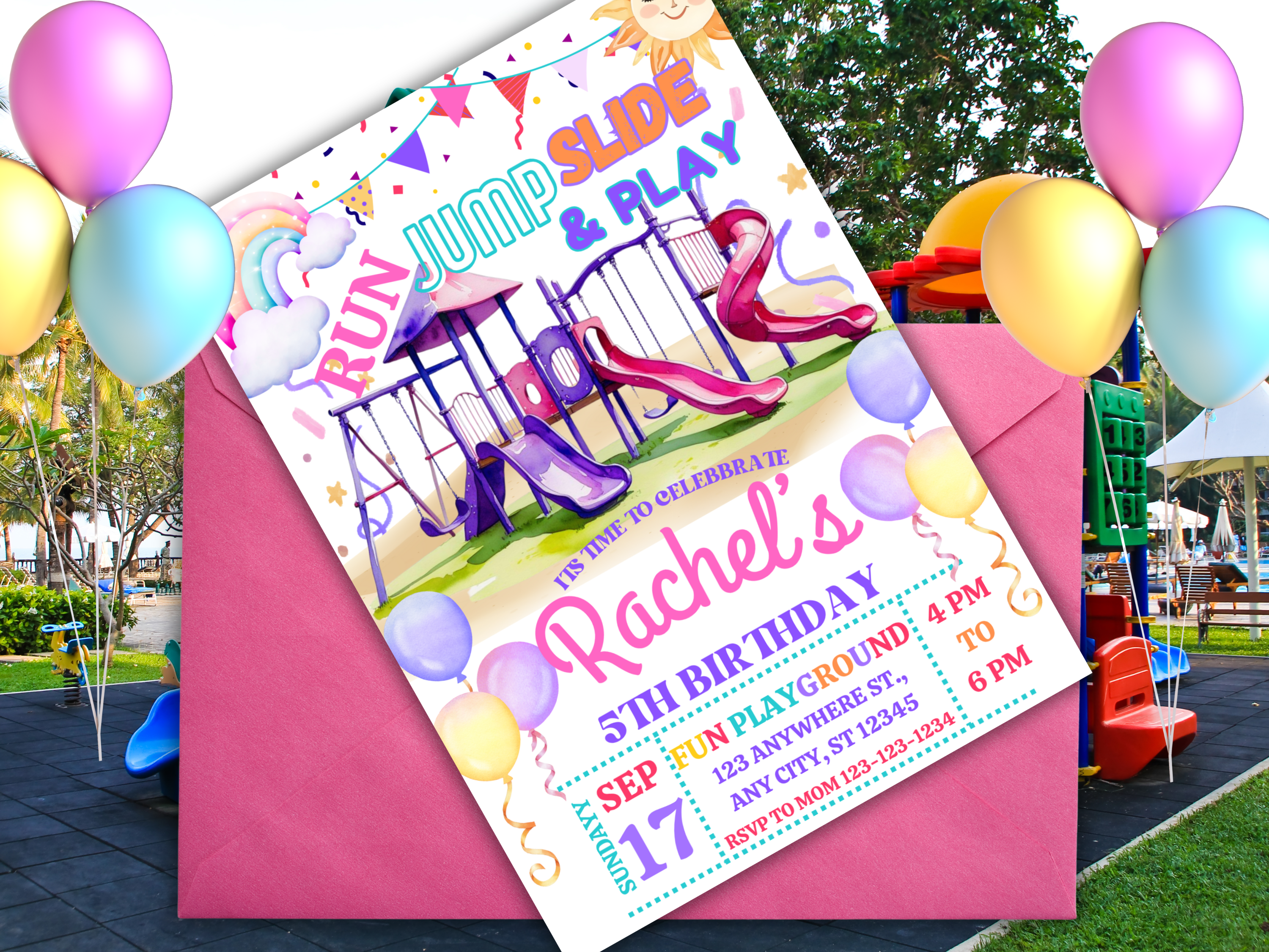 Playground Birthday Invitation EDITABLE, Park Party Invitation, Outdoor Party Invite, Girl Birthday Invites,