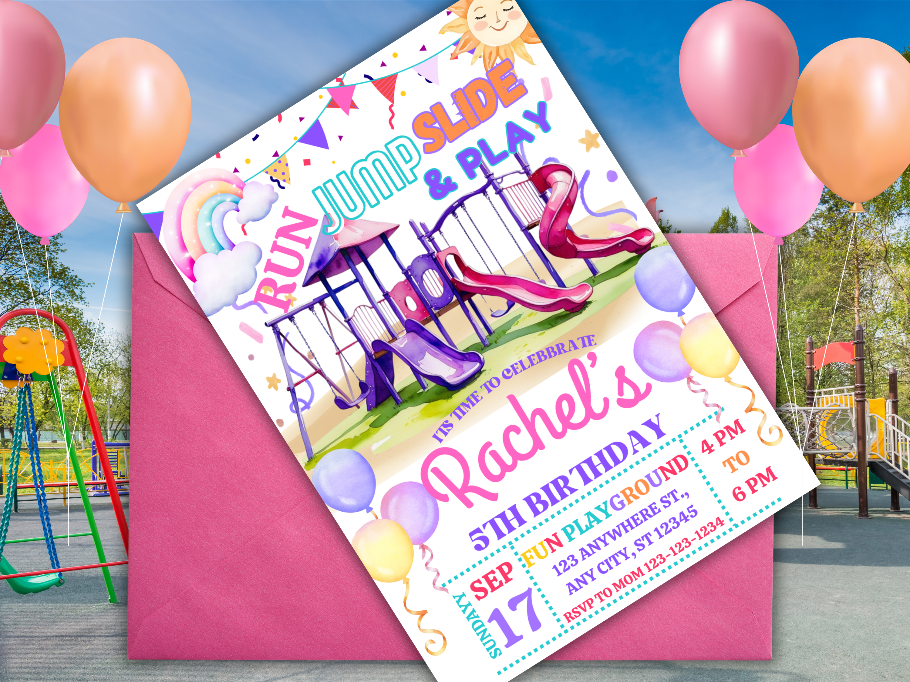 Playground Birthday Invitation EDITABLE, Park Party Invitation, Outdoor Party Invite, Girl Birthday Invites,