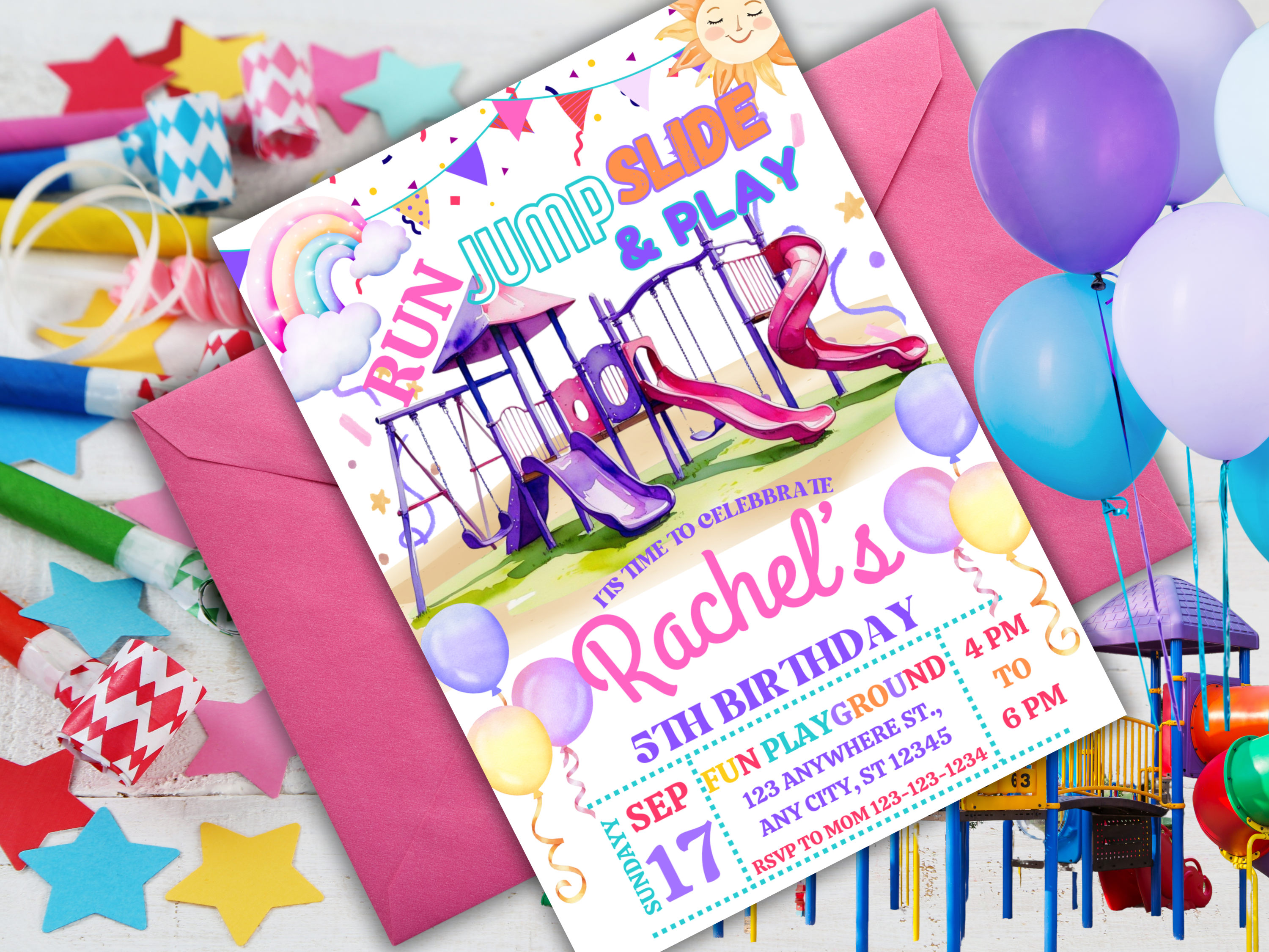 Playground Birthday Invitation EDITABLE, Park Party Invitation, Outdoor Party Invite, Girl Birthday Invites,