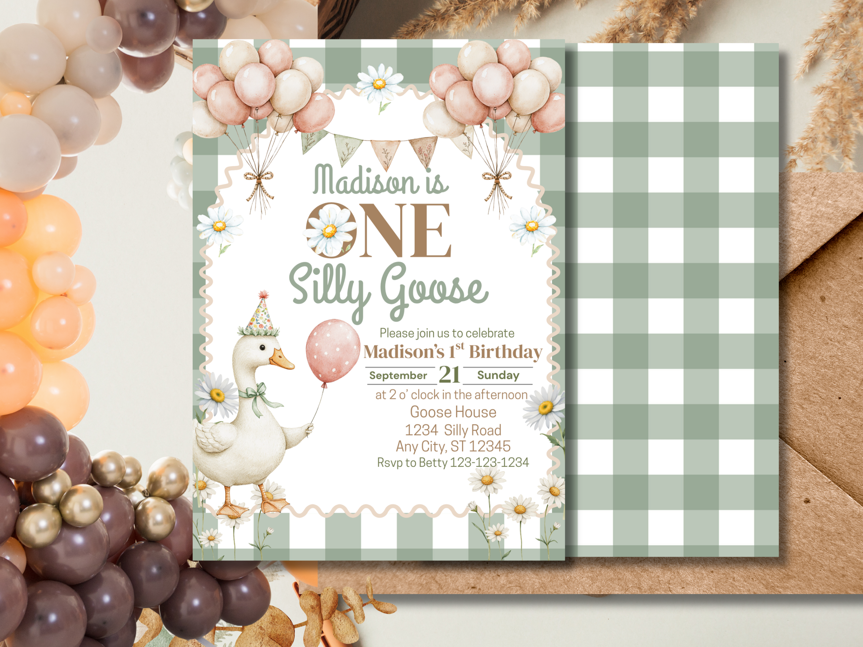 One Silly Goose Birthday Invitation, 1st Birthday Green Plaid Invite, Editable Daisy Goose Canva Template, Silly Goose Text Invite for Boys or Girls