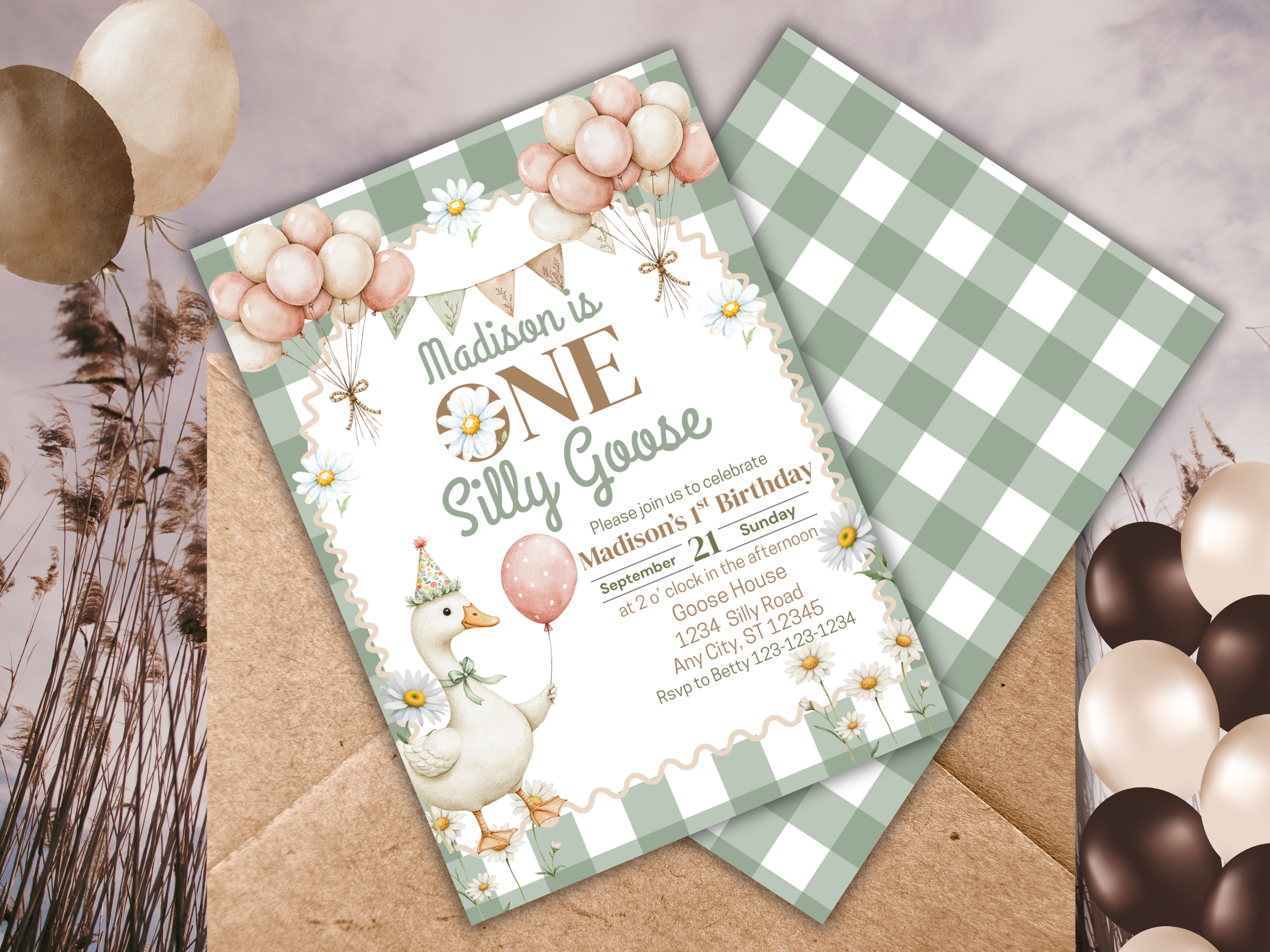One Silly Goose Birthday Invitation, 1st Birthday Green Plaid Invite, Editable Daisy Goose Canva Template, Silly Goose Text Invite for Boys or Girls