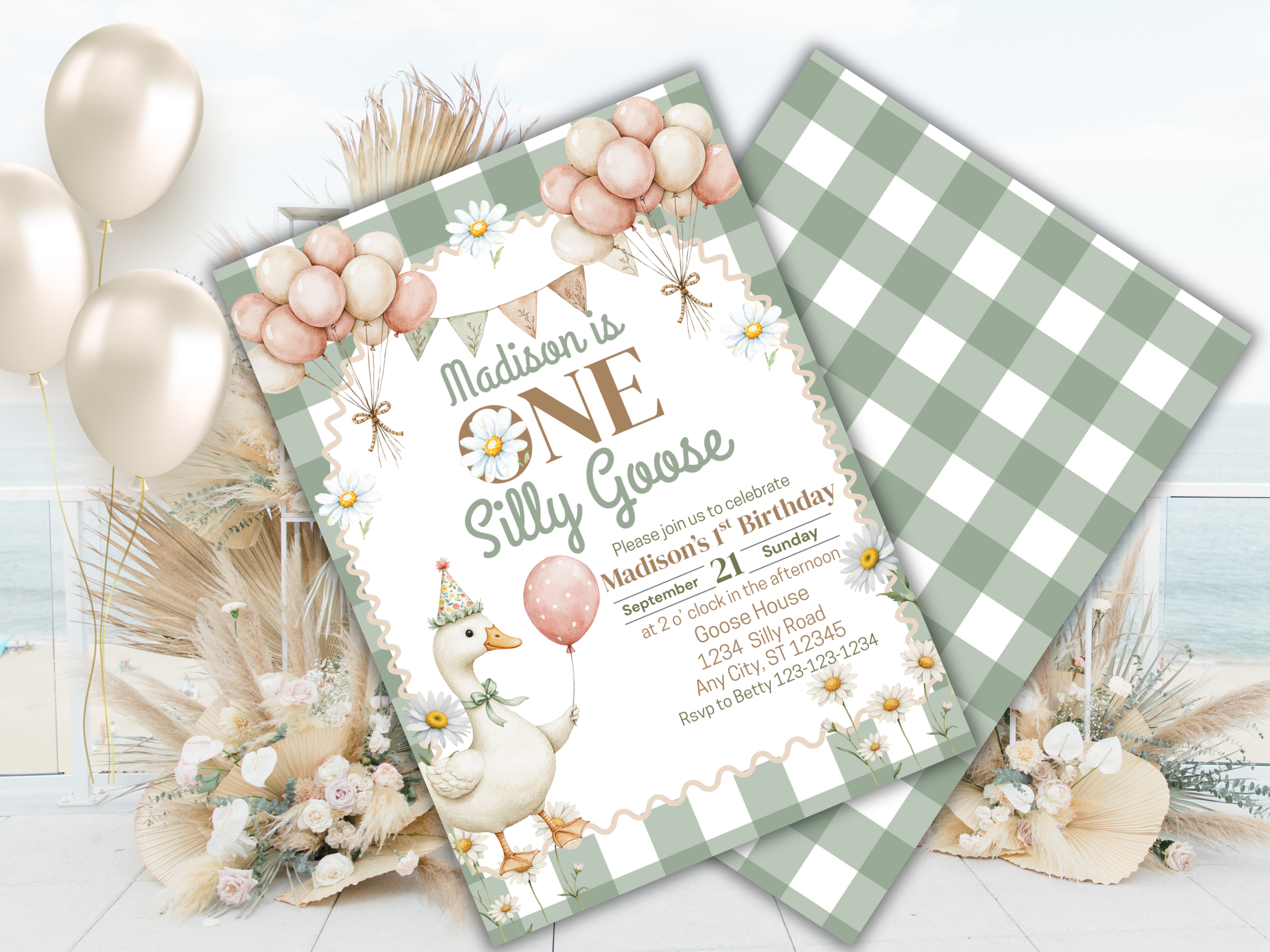 One Silly Goose Birthday Invitation, 1st Birthday Green Plaid Invite, Editable Daisy Goose Canva Template, Silly Goose Text Invite for Boys or Girls