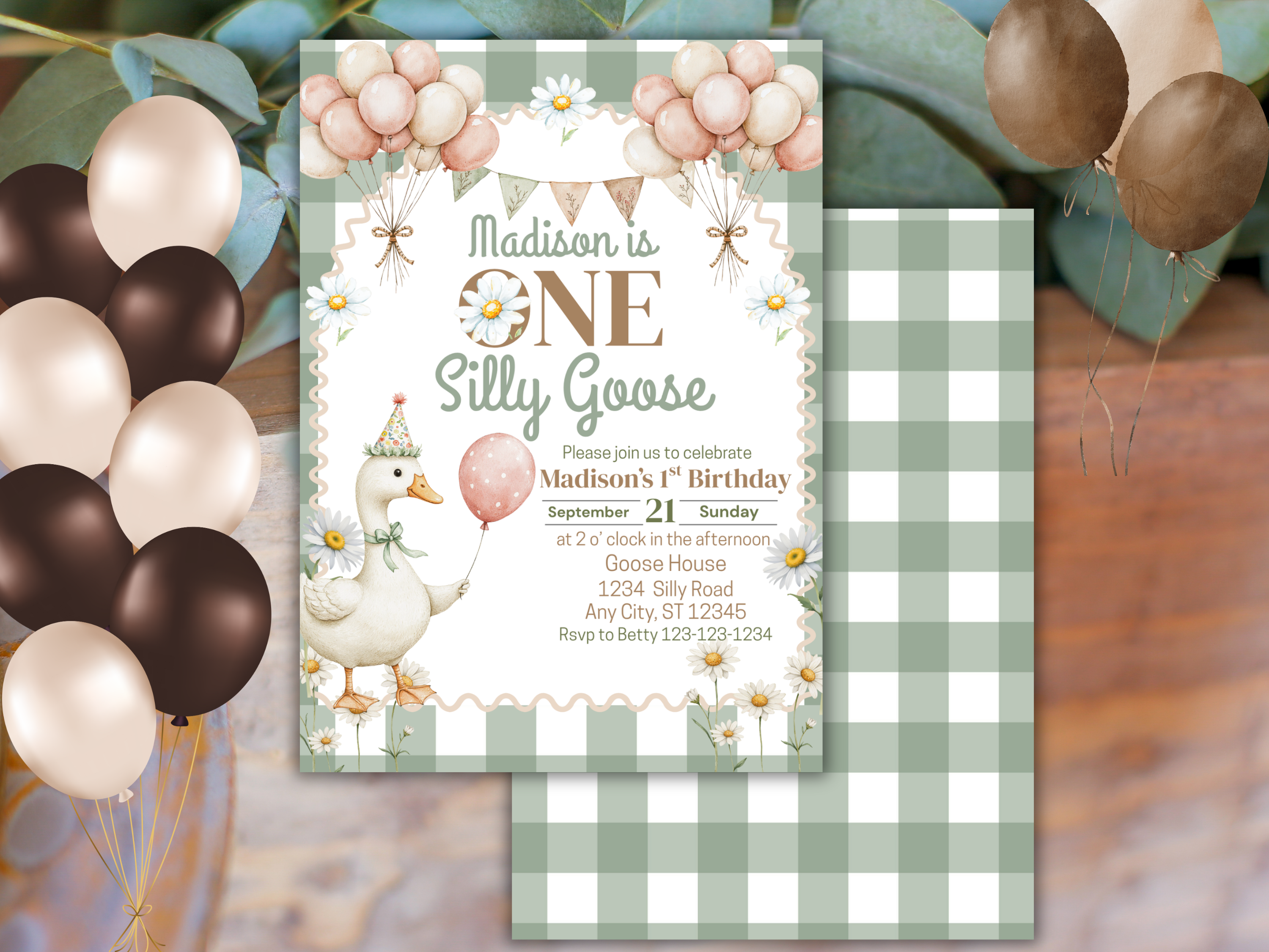 One Silly Goose Birthday Invitation, 1st Birthday Green Plaid Invite, Editable Daisy Goose Canva Template, Silly Goose Text Invite for Boys or Girls